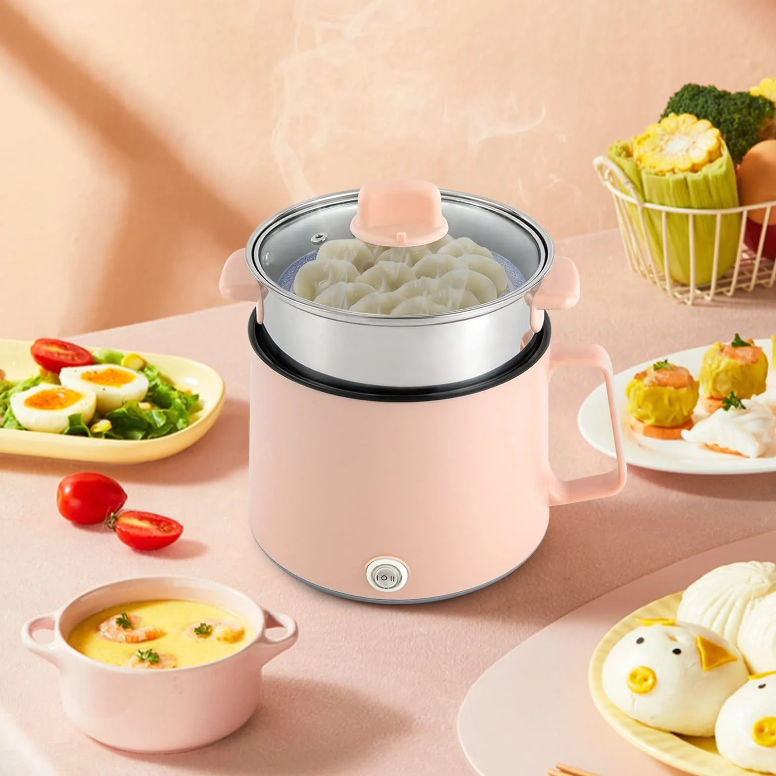 Olla de fondue eléctrica portátil 1,7 litros con cesta de vapor para cocinar sopa, fideos (rosa)