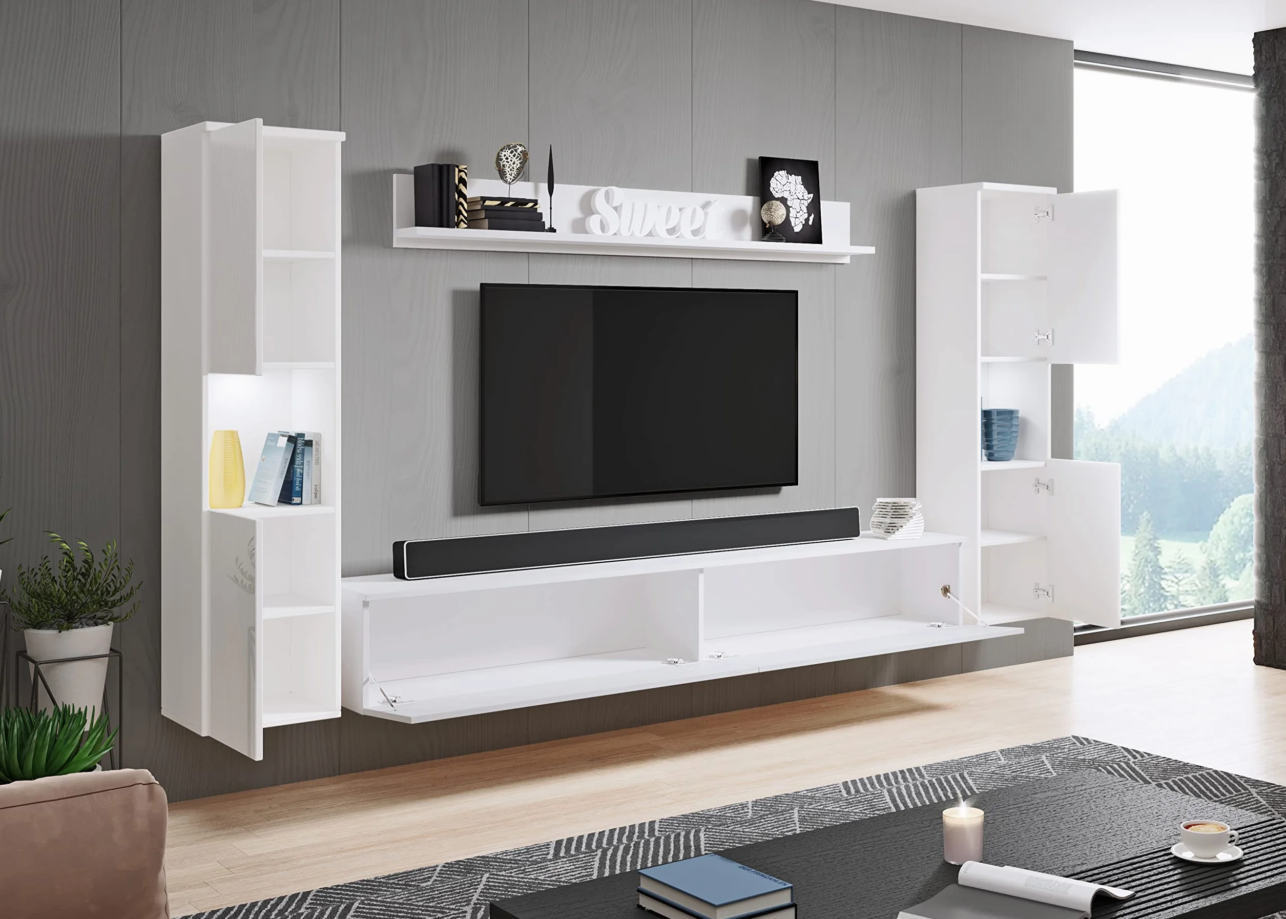 PIASKI Conjunto de Muebles de salón Paris XL, iluminación LED Opcional, Juego de Muebles de salón, Muebles de salón Modernos (Blanco/Blanco Brillo)