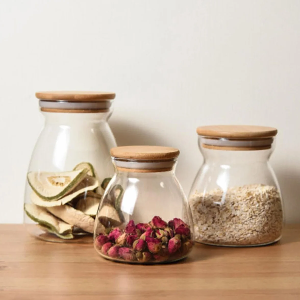 Tarro de Almacenamiento de Vidrio Borosilicato para Alimentos Tapa de Silicona y Madera, Capacidad 1000ml, Pack de 2 para Conservar Snacks y Cereales en Escritorio