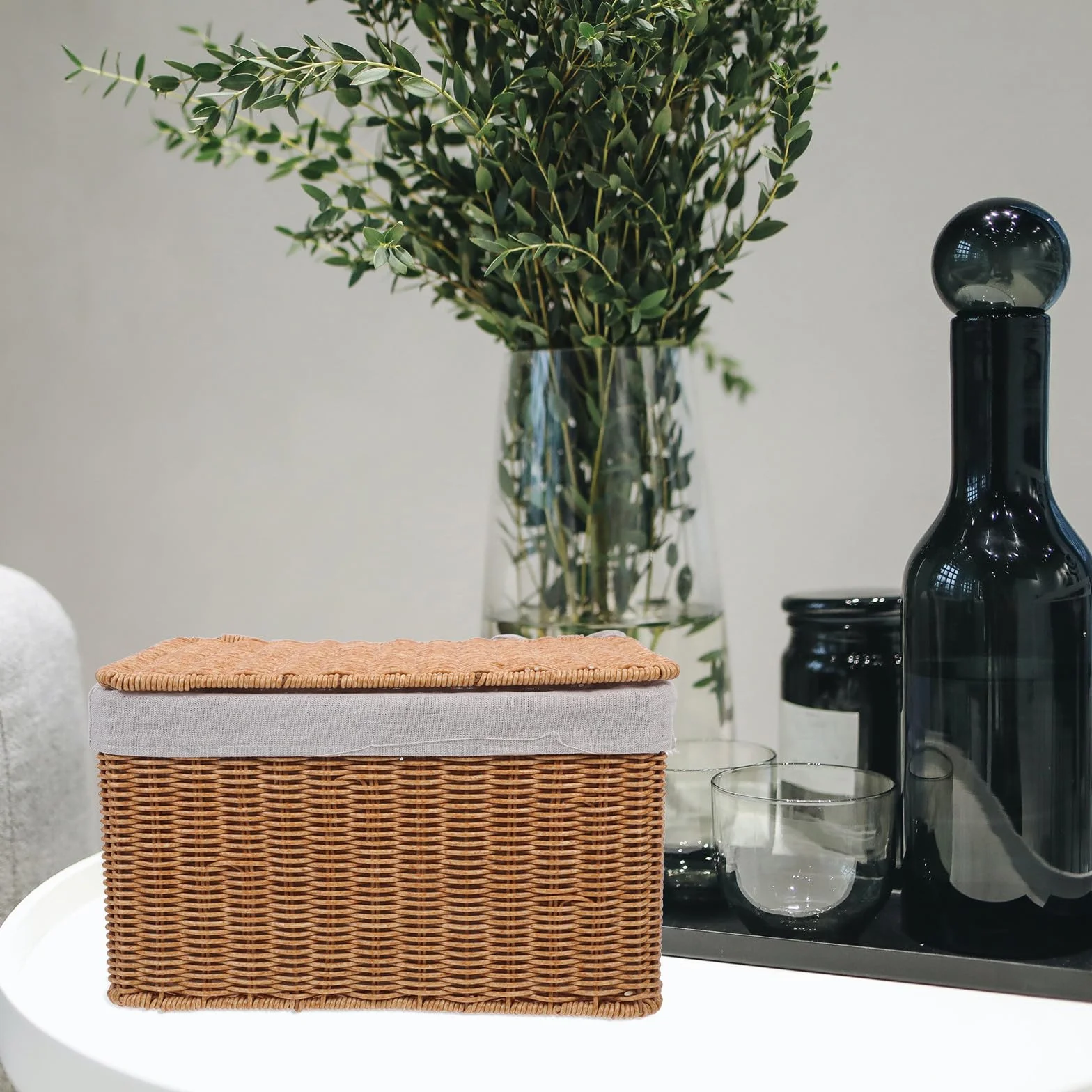 Cesta Grande de Mimbre con Tapa y Forro, Cesta de Almacenamiento Rectangular con Asas Dobles para Ropa, Libros y Organización en Hogar, Cocina y Baño (36x26x21 Cm)
