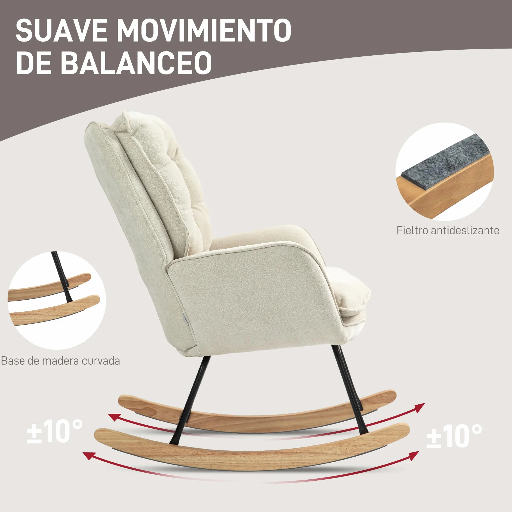 HOMCOM Mecedora Tapizada en Chenilla Silla Mecedora con Patas de Madera de Haya y Reposabrazos Mecedora para Lactancia Carga 120 kg para Dormitorio Salón Beige