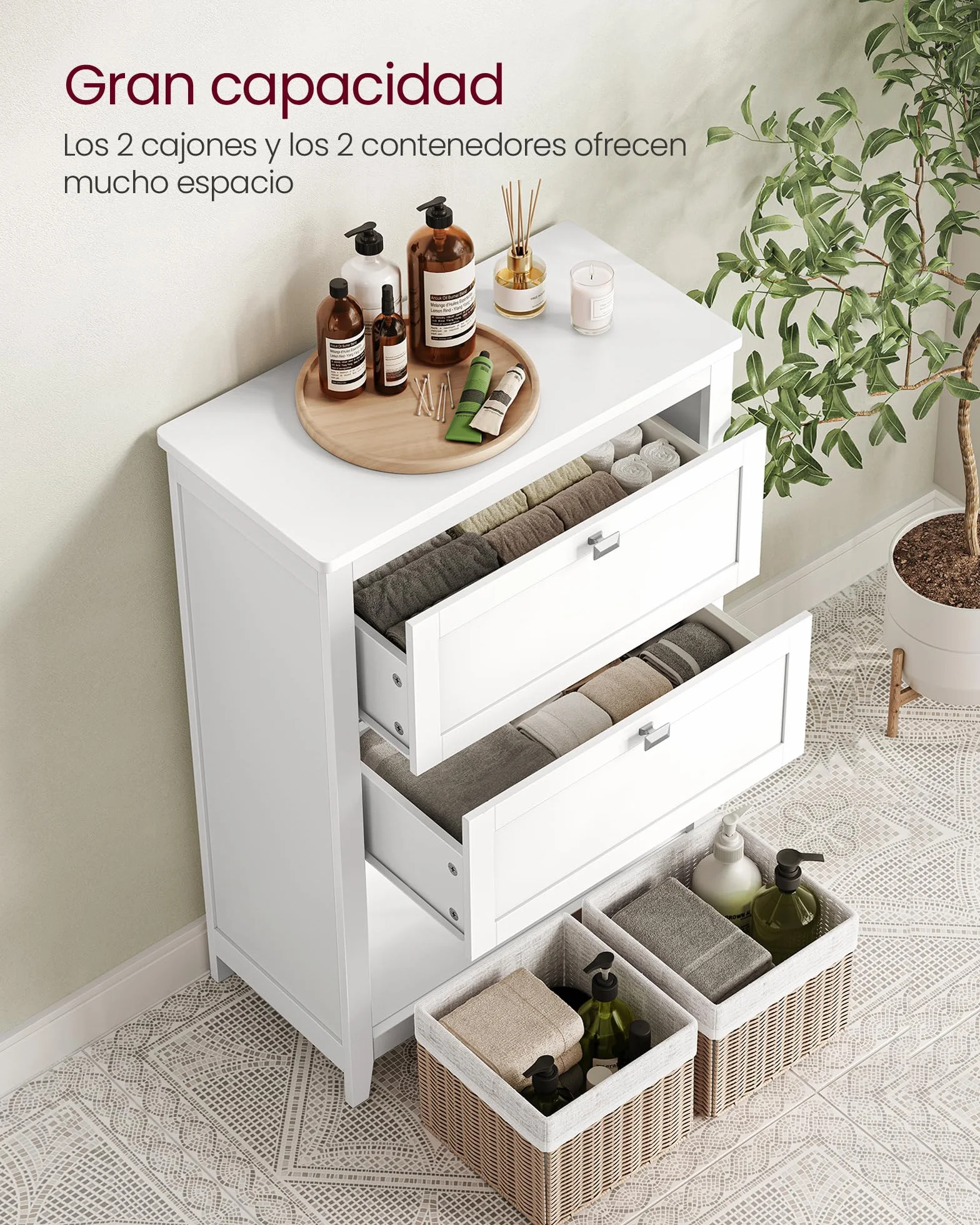 VASAGLE Mueble de Baño, Armario de Baño, 2 Cajones con un Juego de Divisor Regulable, 2 Cestas, Aparador, 30 x 60 x 80 cm, Blanco Nube BBC545W02