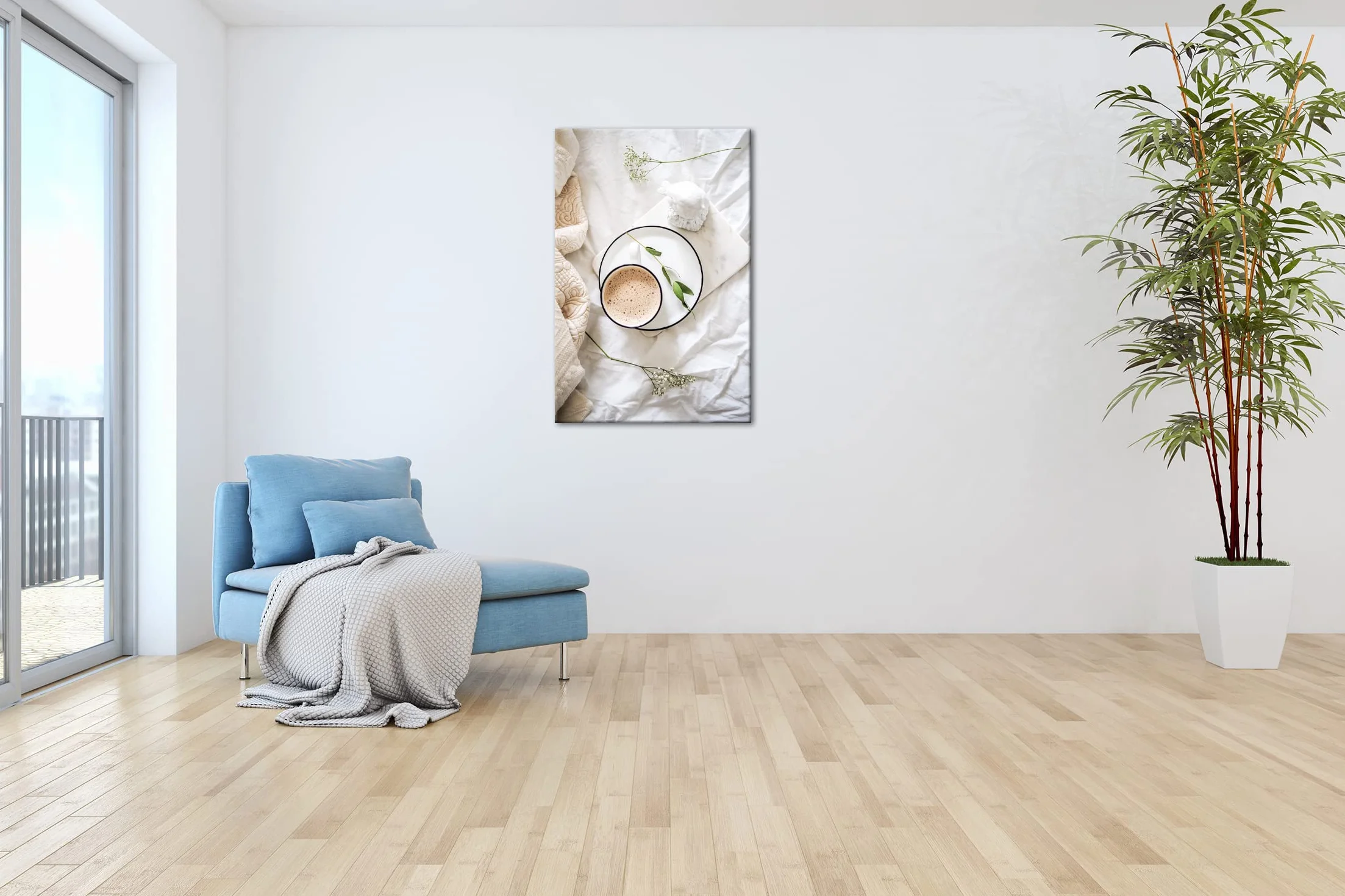 Rahmenlos - Lienzo con diseño de café en la mañana (100 x 70 cm, con marco de madera, impresión digital de , sin póster ni cartel)