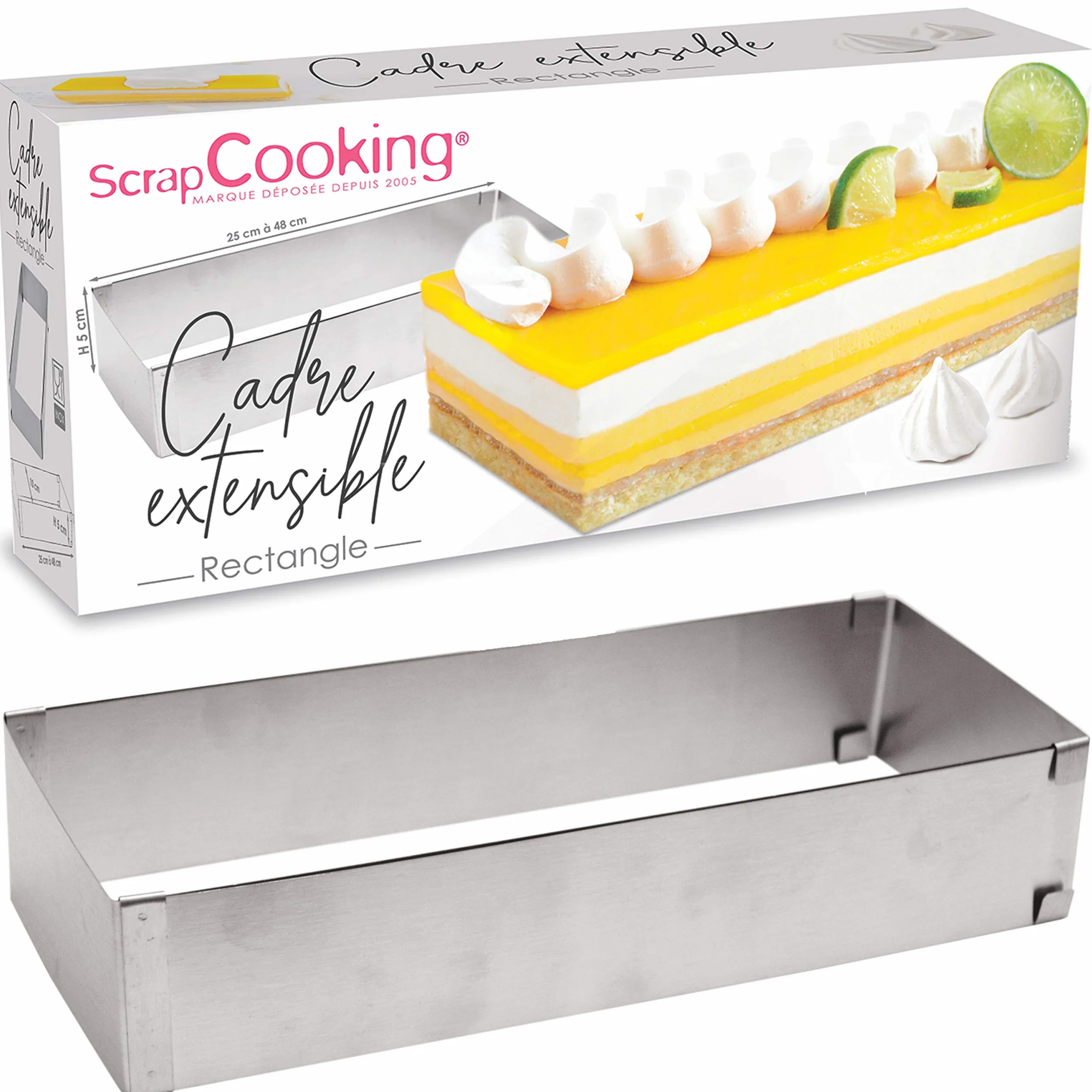 SCRAP COOKING 1916 Marco de repostería Extensible de Acero Inoxidable – Molde Rectangular de Longitud Ajustable de 25 a 48 cm – para Tartas, postres – Accesorio de pastelería, 18/10