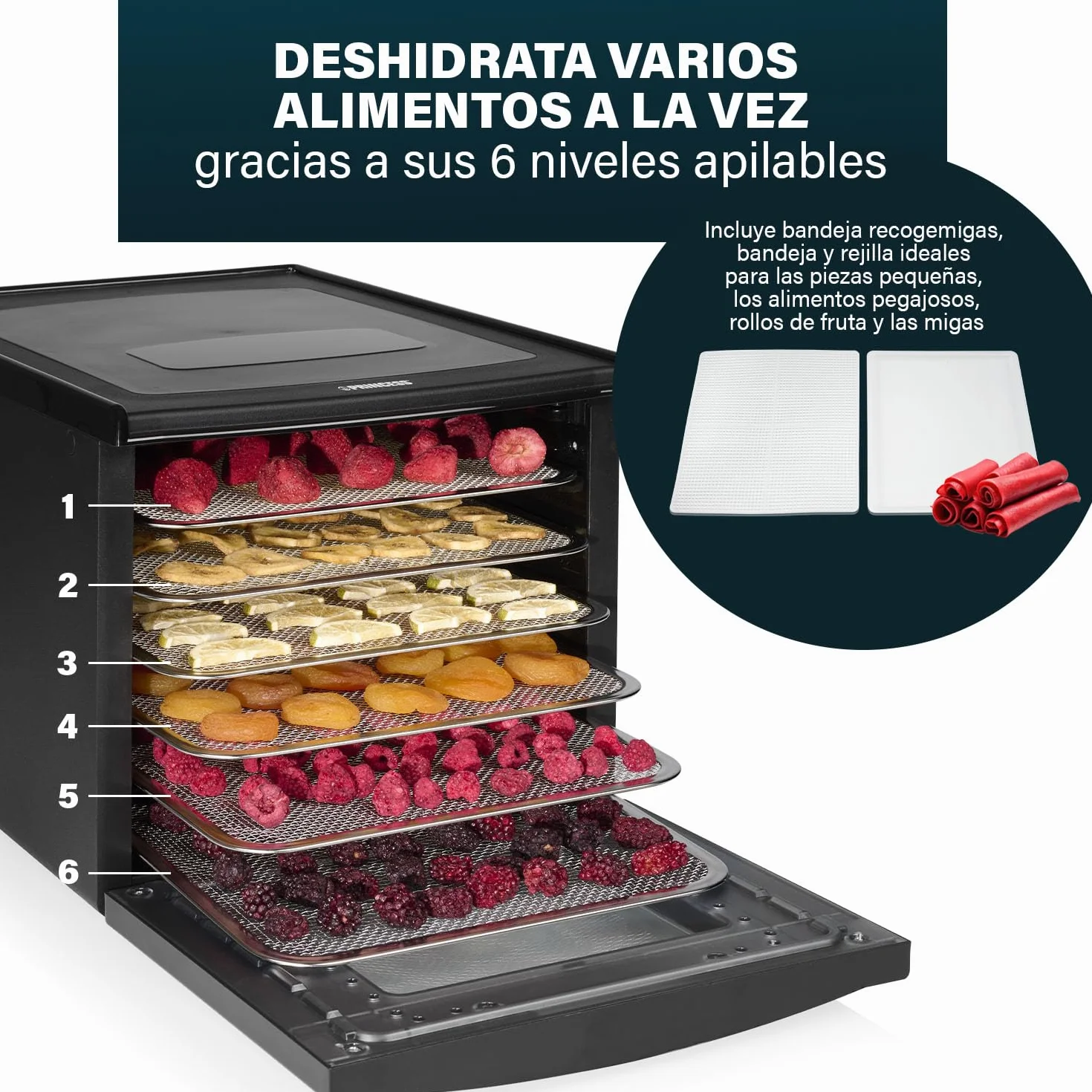Princess Food Dehydrator con 6 Bandejas de Acero Inoxidable, Temperatura Ajustable, Pantalla Táctil, Temporizador hasta 48 Horas, 550 W, 01.112398.01.001