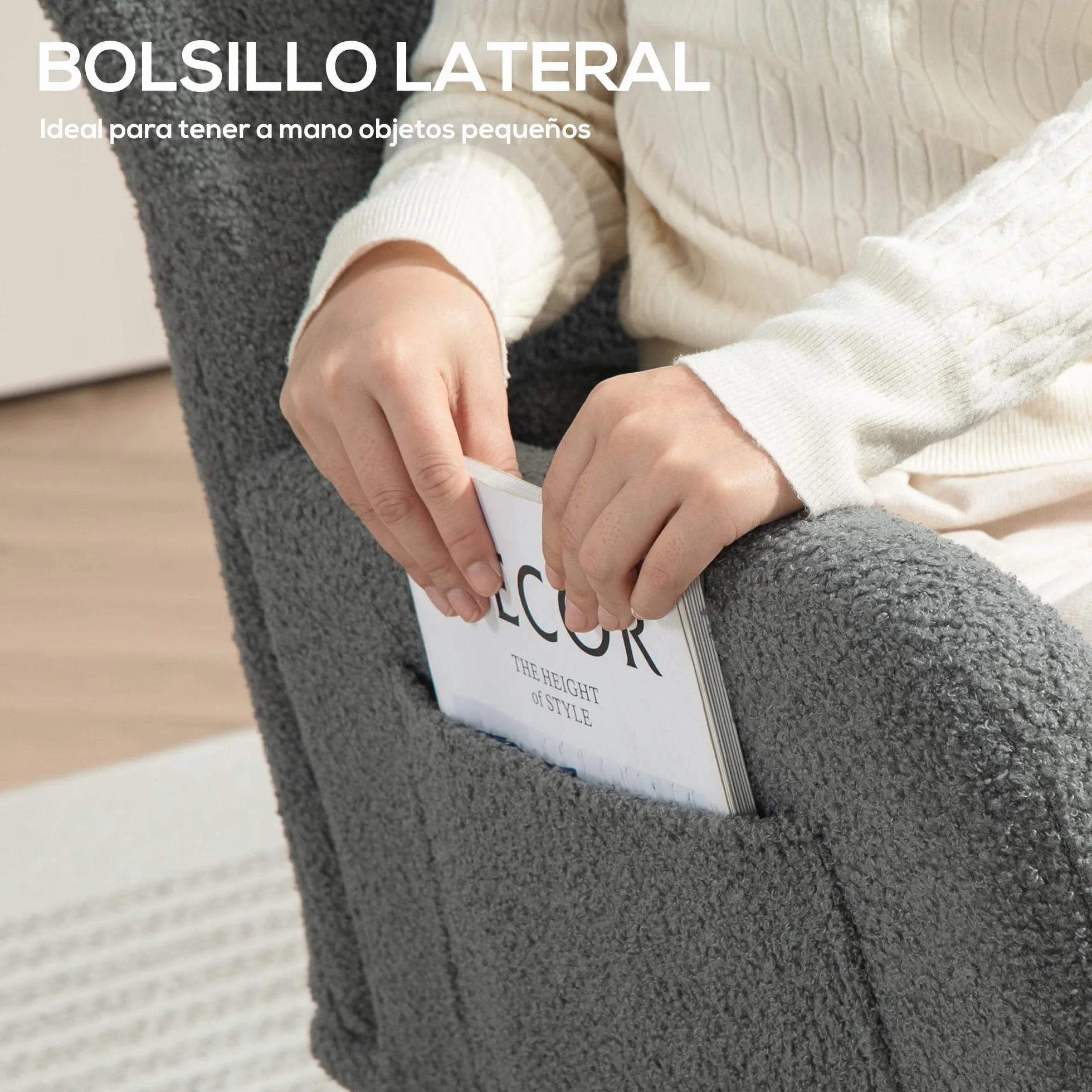 HOMCOM Silla Mecedora Moderna, Mecedora Tapizada en Terciopelo de Teddy, Sillón de Lactancia con Respaldo Acolchado Alto, Almohada, Patas de Madera, Bolsillo Lateral, para Dormitorio, Salón, Gris