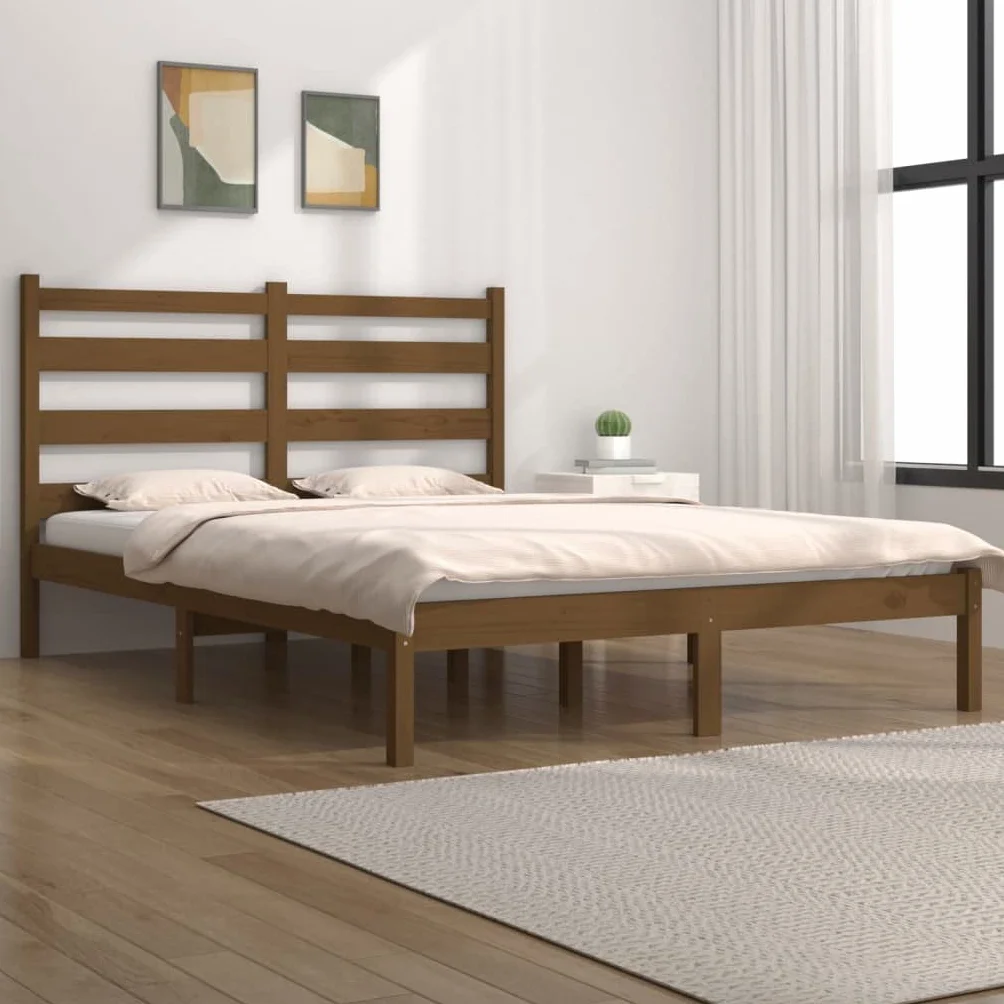 Cama de madera maciza de pino, 200 x 200 cm, con somier y cabecero, cama de madera estable para adultos y jóvenes, mueble de dormitorio natural
