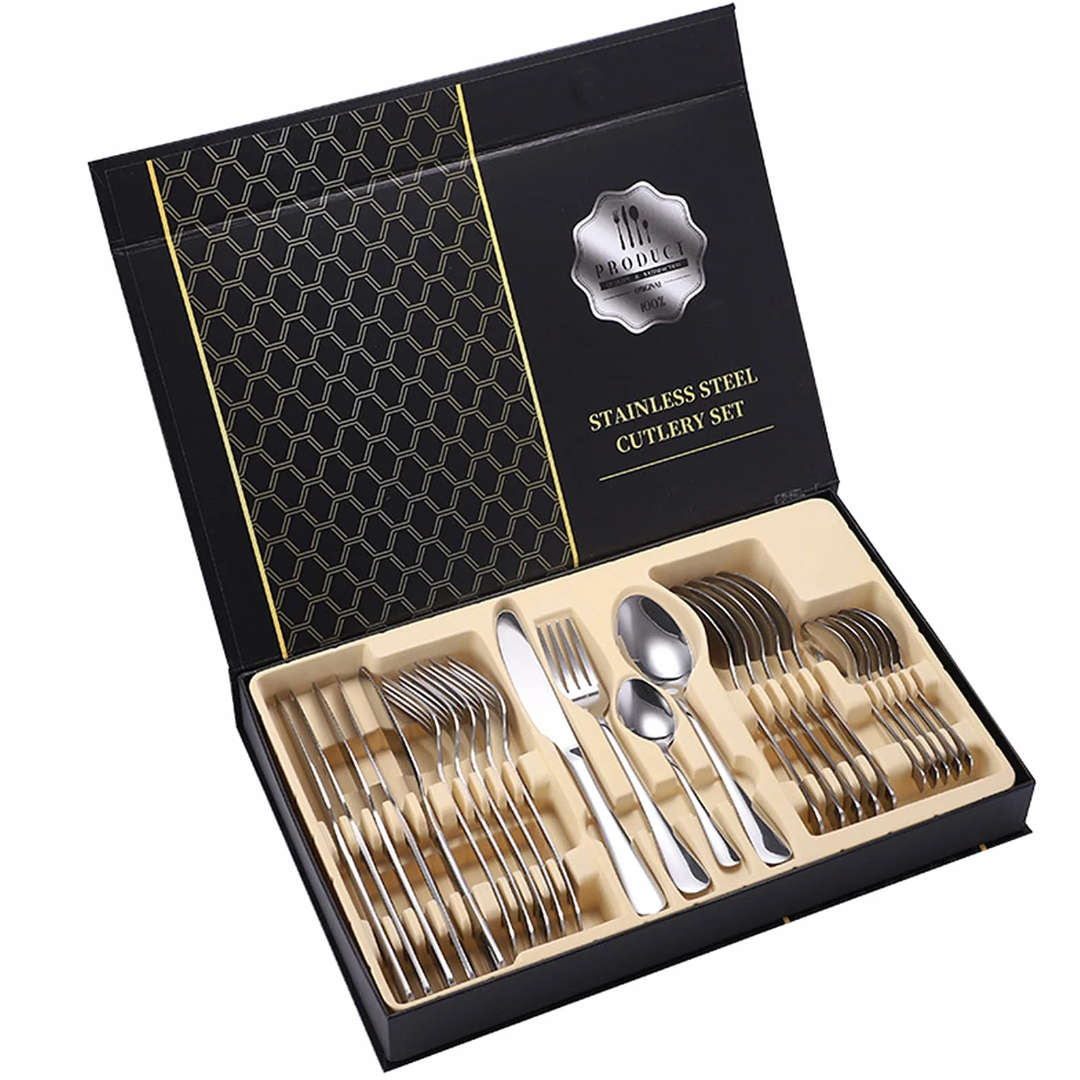 Juego De Cubiertos De 24 Piezas, Para 6 Personas, Acero Inoxidable, Cubertería De Luxe Estuche Regalo, Para Bodas, Restaurante, Fiesta, Regalo, Festivales (Plata)