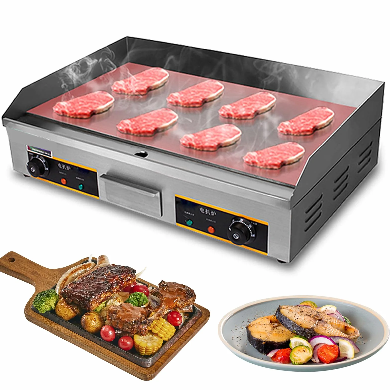 Plancha Eléctrica Profesional 73X40cm con Cepillos Y Palas Eléctrico para Cocina Parrilla Barbacoa Acero Inoxidable Temperatura 50-300 °C, 4400W, con Bandeja Recoge Grasa, Antisalpicaduras