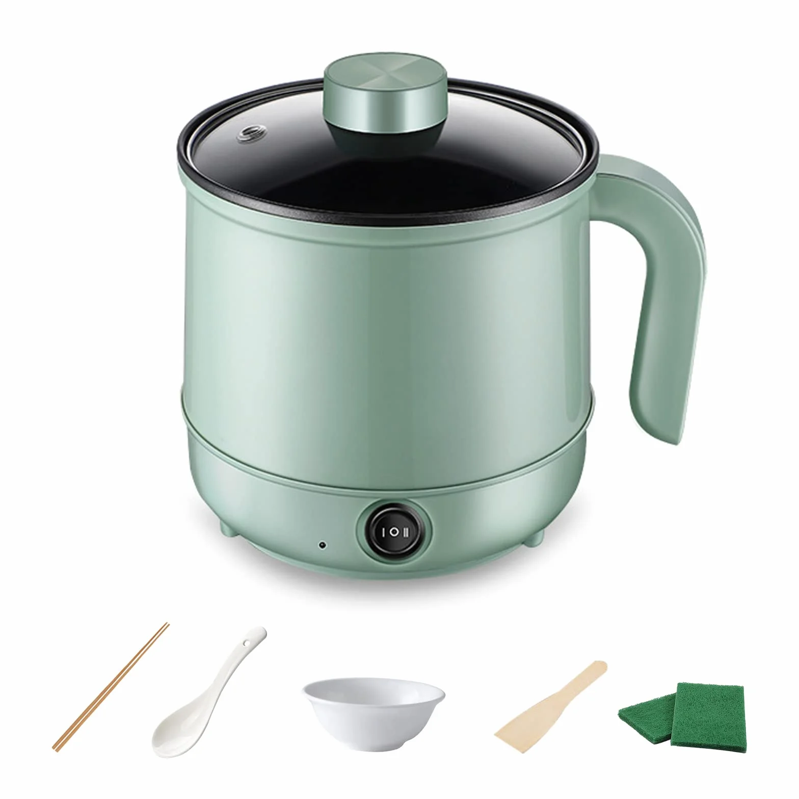 kyaoayo Mini sartén eléctrica con tapa, olla antiadherente portátil eléctrica caliente de 1,7 l, versión manual para dormitorio, para calefacción rápida en viajes dormitorio (verde)