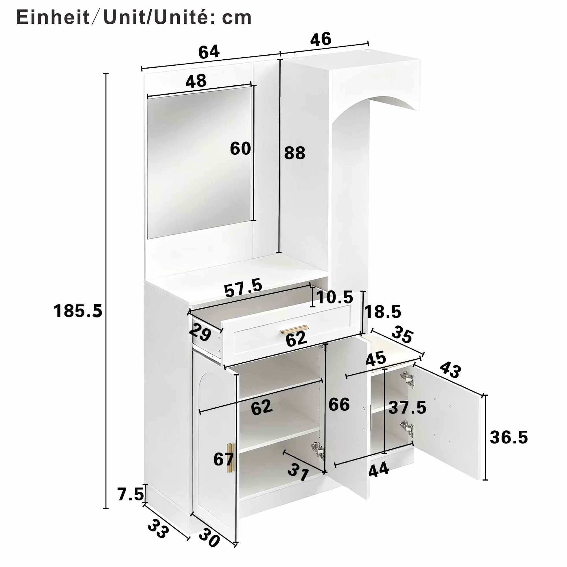 LAKFEW Juego de Perchero Moderno, Recibidores de Entrada con Espejo y Asiento, Conjunto de Perchero Entrada Recibidor Mueble Recibidor con Cajón y 3 Puertas, Percheros, 110x33x185.5 cm, Blanco