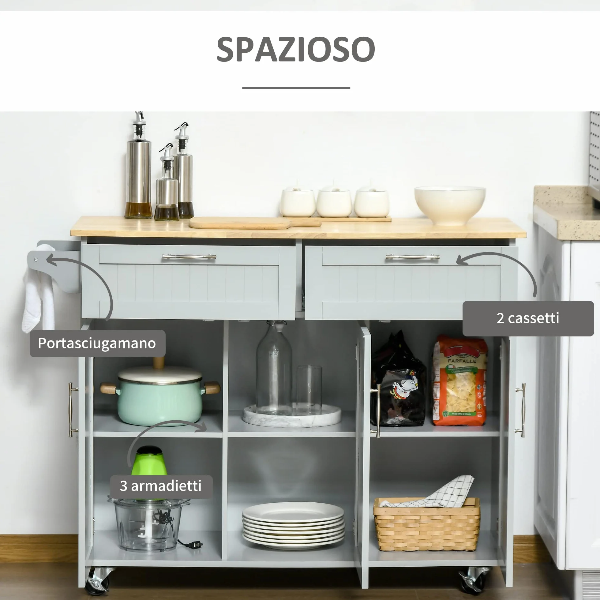 HOMCOM Isla de Cocina con Ruedas Carro de Cocina Mueble Auxiliar de Cocina con 2 Cajones 3 Puertas y Barra Lateral para Comedor 121x46x91 cm Gris