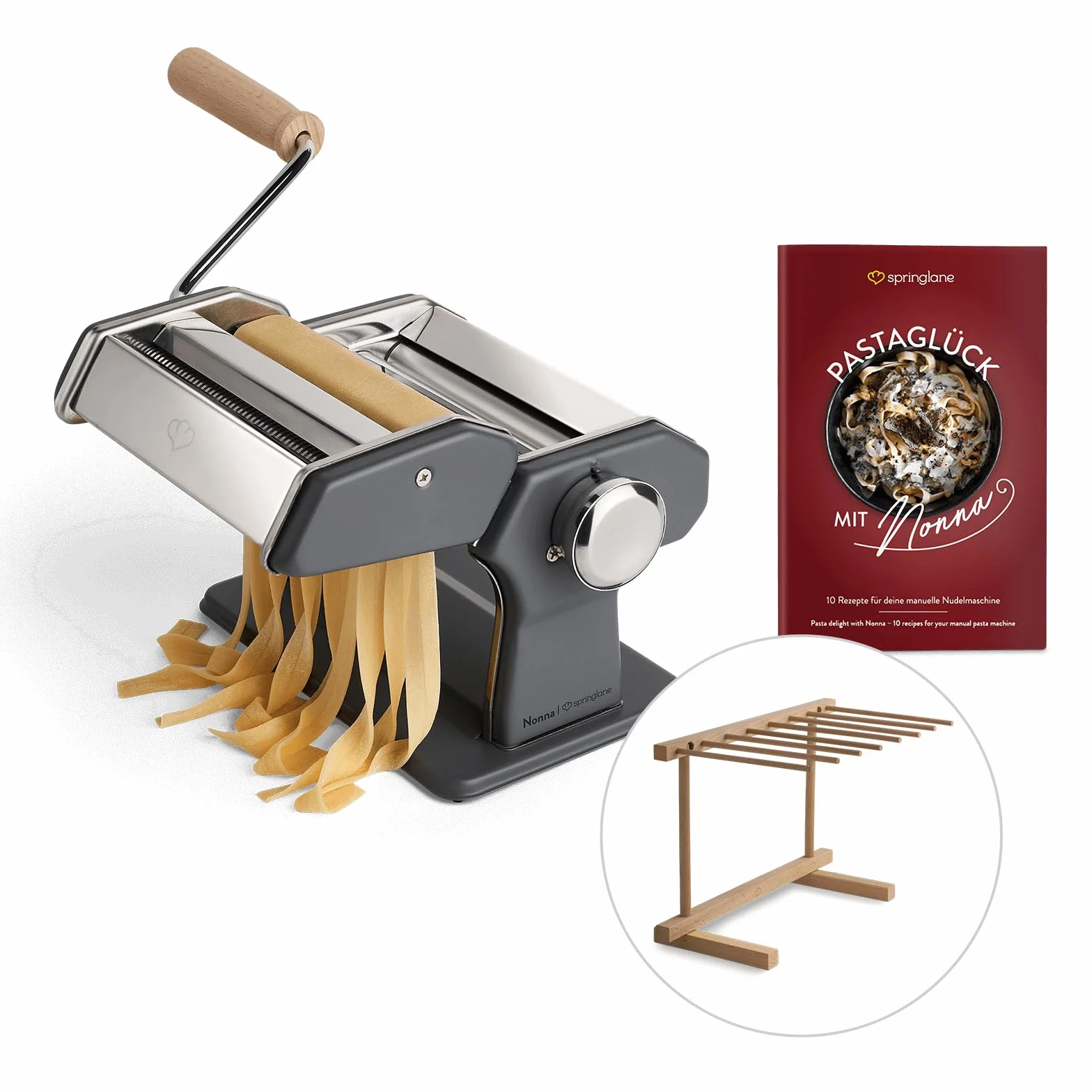 SPRINGLANE Máquina de fideos manual Nonna, Acero inoxidable, Máquina para hacer pasta, incluye secador de pasta y 3 accesorios para cortar espaguetis, lasaña, tallarines - gris
