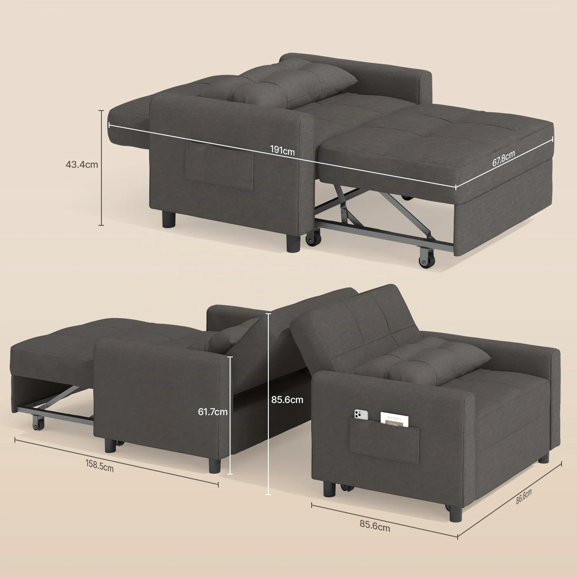 Bealife Sillón Relajante, sillón Cama con Respaldo Ajustable, sillón Cama Individual, sillón reclinable para salón, Dormitorio, balcón y Oficina(Gris Oscuro) (Dark Grey)