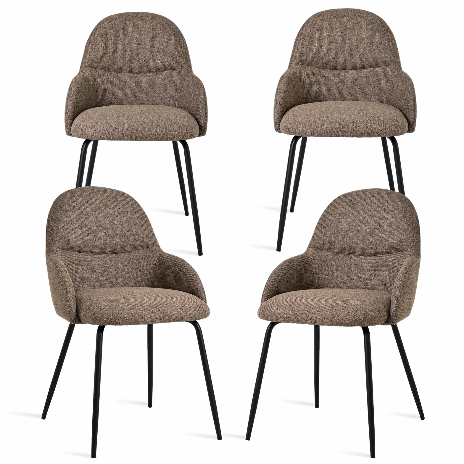 Comedor – Juego de 4 sillas modernas, tejido de lino marrón, reposabrazos ergonómicos y asiento tapizado, cómodo, estructura metálica estable para salón o cocina