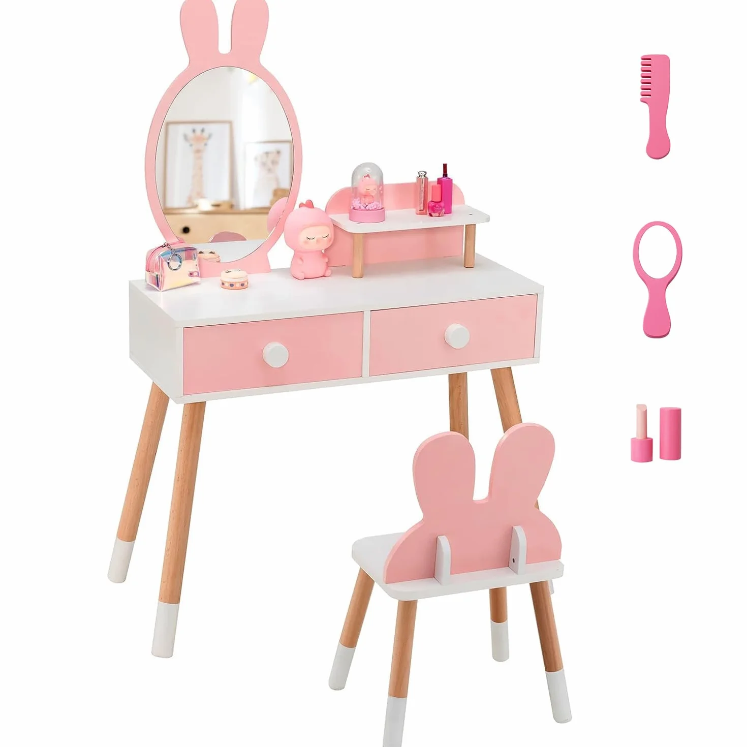 RELAX4LIFE 2 en 1 Tocador de Maquillaje para Niña con Espejo Extraíble, Taburete, 2 Cajones, 3 Accesorios, Madera, Rosa 3-7 Años