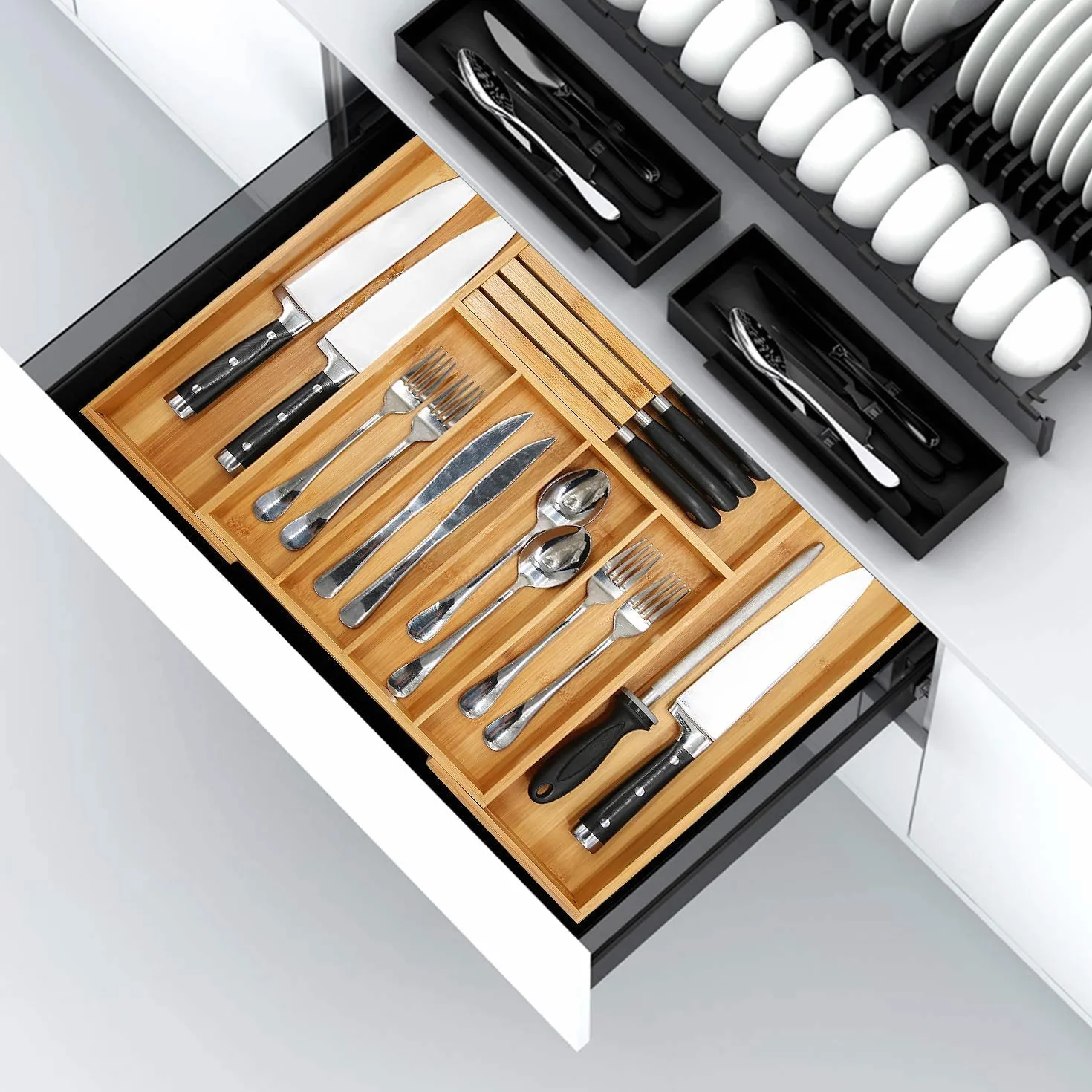 VaeFae Bandeja organizadora de cubiertos de bambú, organizador de cajones de cubiertos grande, 5-7 compartimentos, 32-55 cm, soporte extensible para utensilios de cocina, organizador divisor con