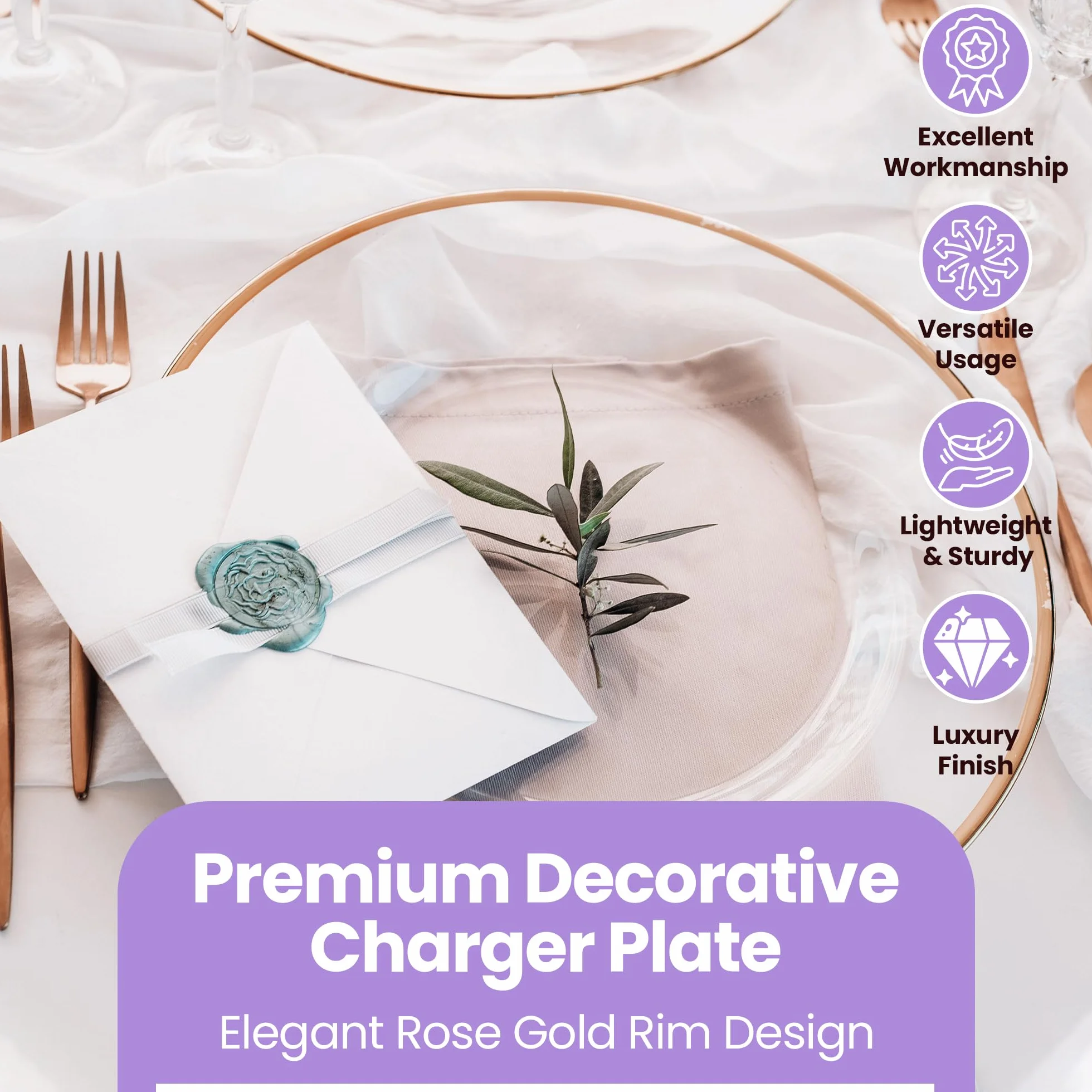 Plato de carga de cristal con borde de oro rosa de 33 cm, impresionante decoración de mesa de comedor para bodas, aniversarios, cumpleaños y eventos, elegante vajilla de fiesta para catering, comedor