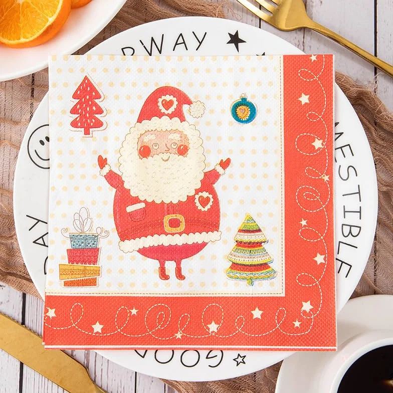 Servilletas Papel Papá Noel Beige Desechables Servilletas Decoupage Cocktail Cumpleaños 2 Capas Toilet Papel Higienico Decoración de Mesa para Bodas,Fiesta en el Jardín 30 Paquetes(33x33cm）