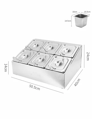 Estación de acero inoxidable para pizzas, ollas calientes y tiendas de frutas con tapa, dispensador de especias desmontable