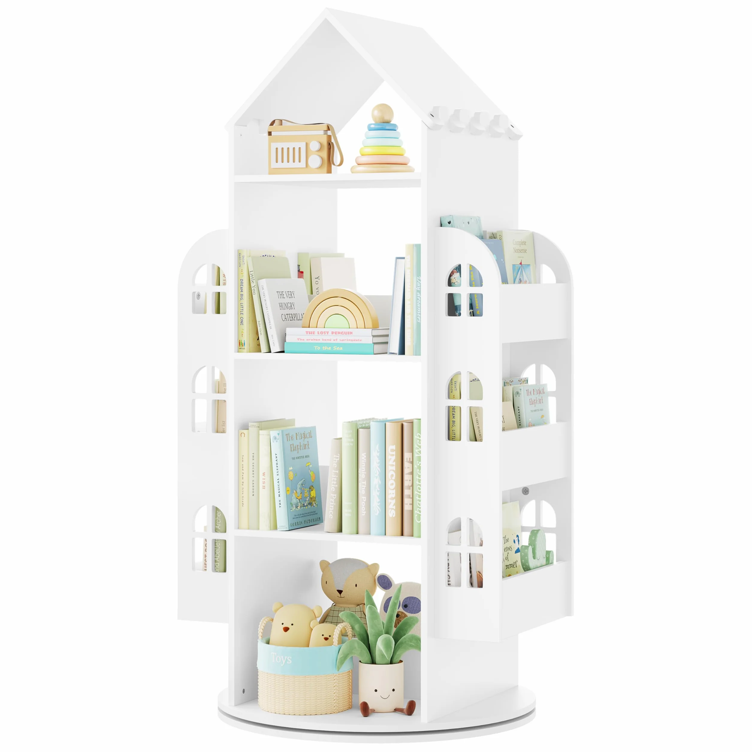 WOLTU Libreria Infantil Giratoria de 4 Niveles, Estanteria Infantil para Libros y Juguetes, Estantería Giratoria en Forma de Casita, 63x59x125 cm, Blanco