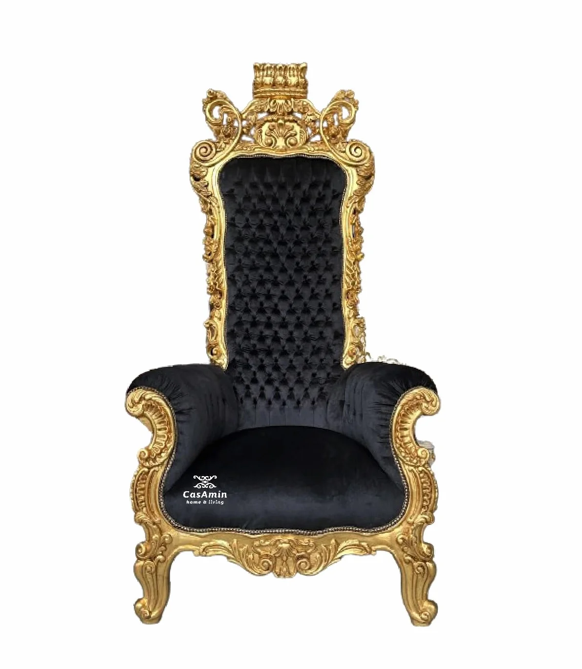 CasAmin Home & Living Sillón gigante con corona dorada, trono de terciopelo negro con mechones de pelo en estilo barroco con acabado dorado para decoración comercial como decoración de fiestas y