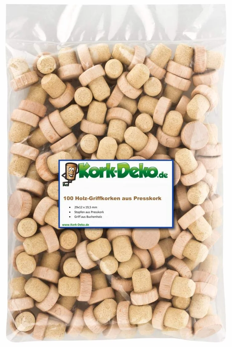Lote de 100 tapones de corcho con mango de madera, 19,5 mm, prensado, aglomerado, para ginebras, aceites y jugos | de Portugal, tamaño del mango 29 x 12 mm