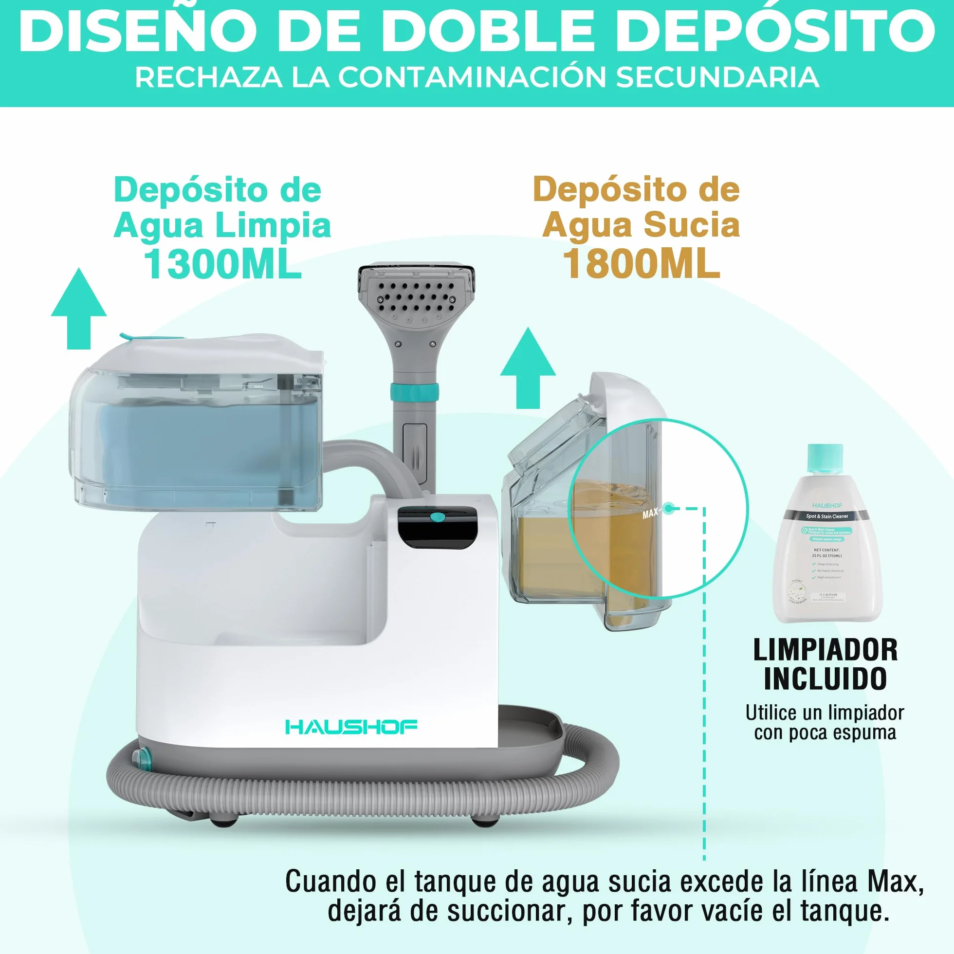 HAUSHOF StainZapper Vapo Limpiador de Alfombras a Vapor, Aspiradora de Agua Tapiceria con Funciones de Agua Caliente y Vapor, Limpia Tapicerias para Sofá, Moquetas, Incluye Detergente y Cepillo, 75 dB