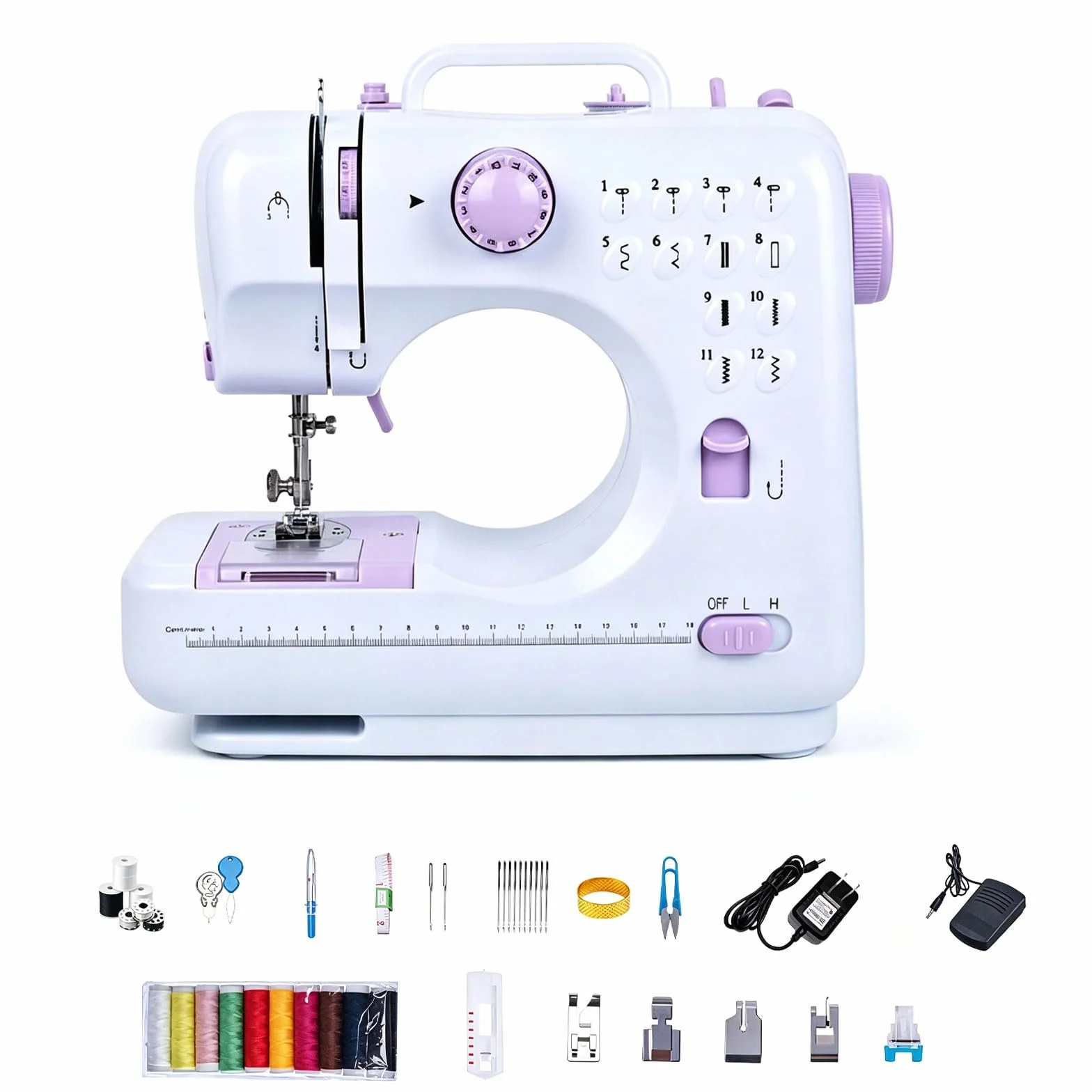 Pequeña máquina de Coser eléctrica con Fuente de alimentación Dual, luz LED | Máquina de coser portátil for principiantes, 12 patrones de puntadas, pedal, cajón de almacenamiento y kit de accesorios(A)