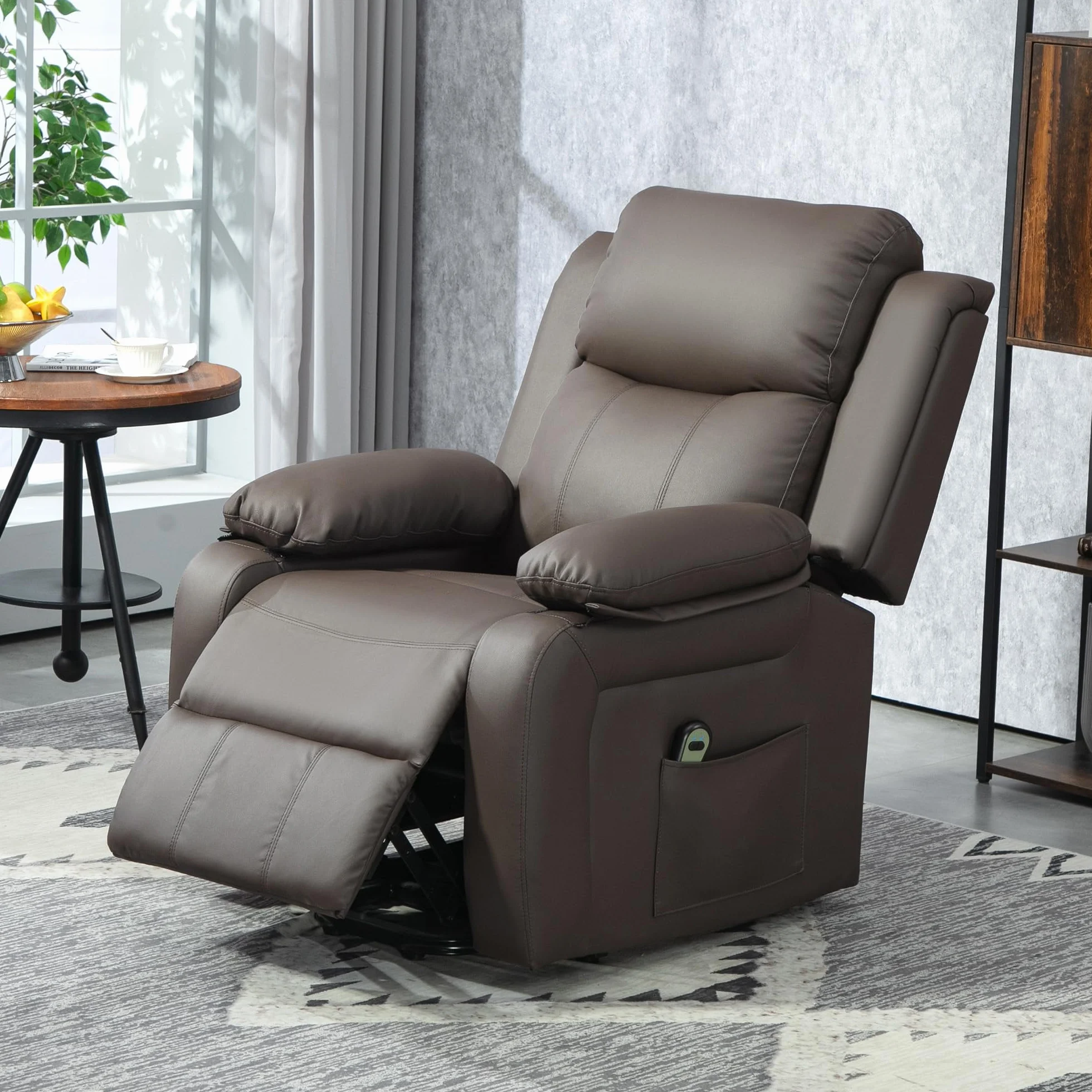 HOMCOM Sillón Relax Eléctrico Reclinable Levanta Personas, Sillón Elevador, con Respaldo Alto, Control Remoto, Reposapiés, Acolchado Grueso, Tapizado en PU, Bolsillos Laterales, Marrón Oscuro