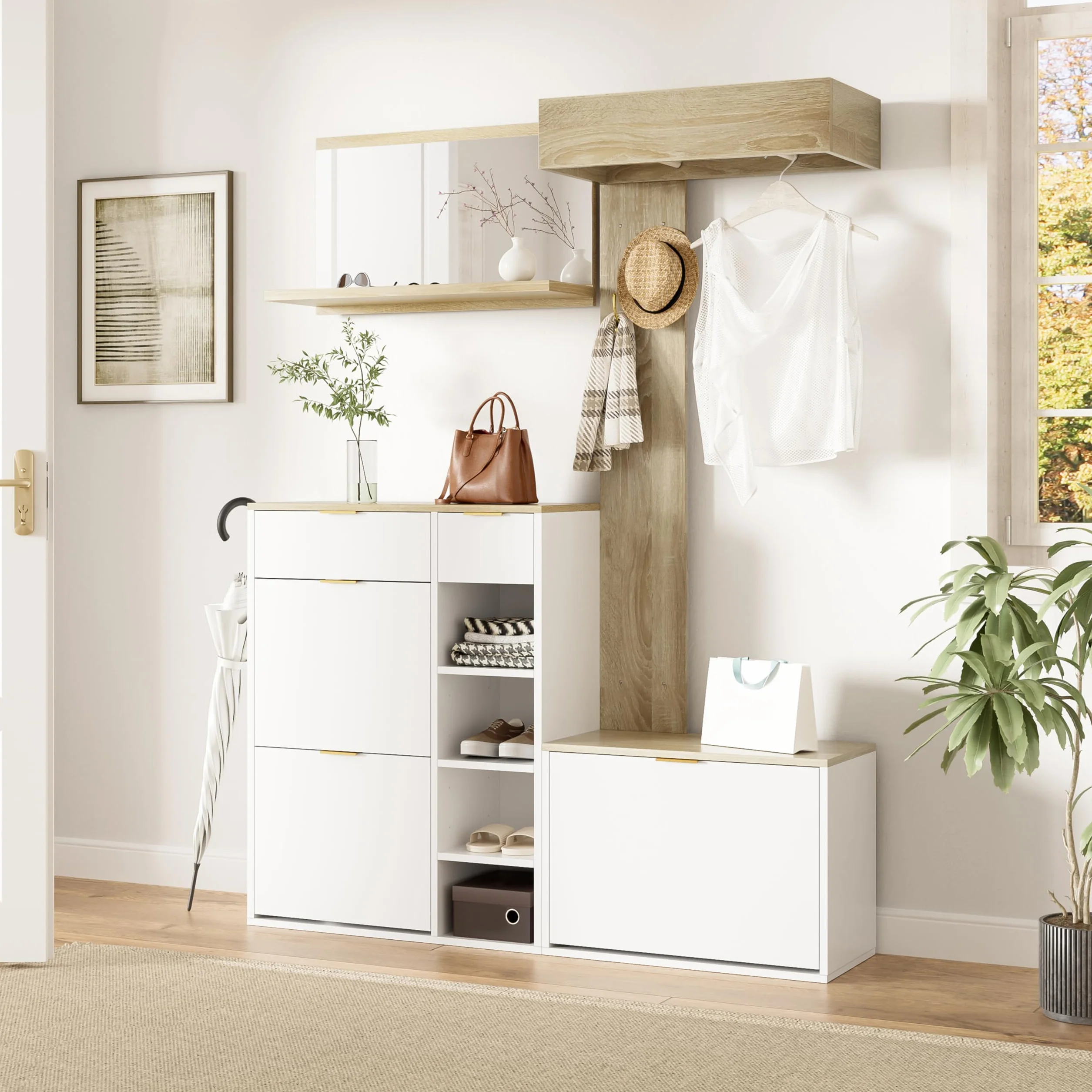 Conjunto de Recibidor de Entrada con Espejo y Ganchos, Perchero de Pared con Banco Zapatero, Juego de Mueble Recibidor con Cajones y Espacio de Almacenamiento, 174x130x30 cm, Natural + Blanco