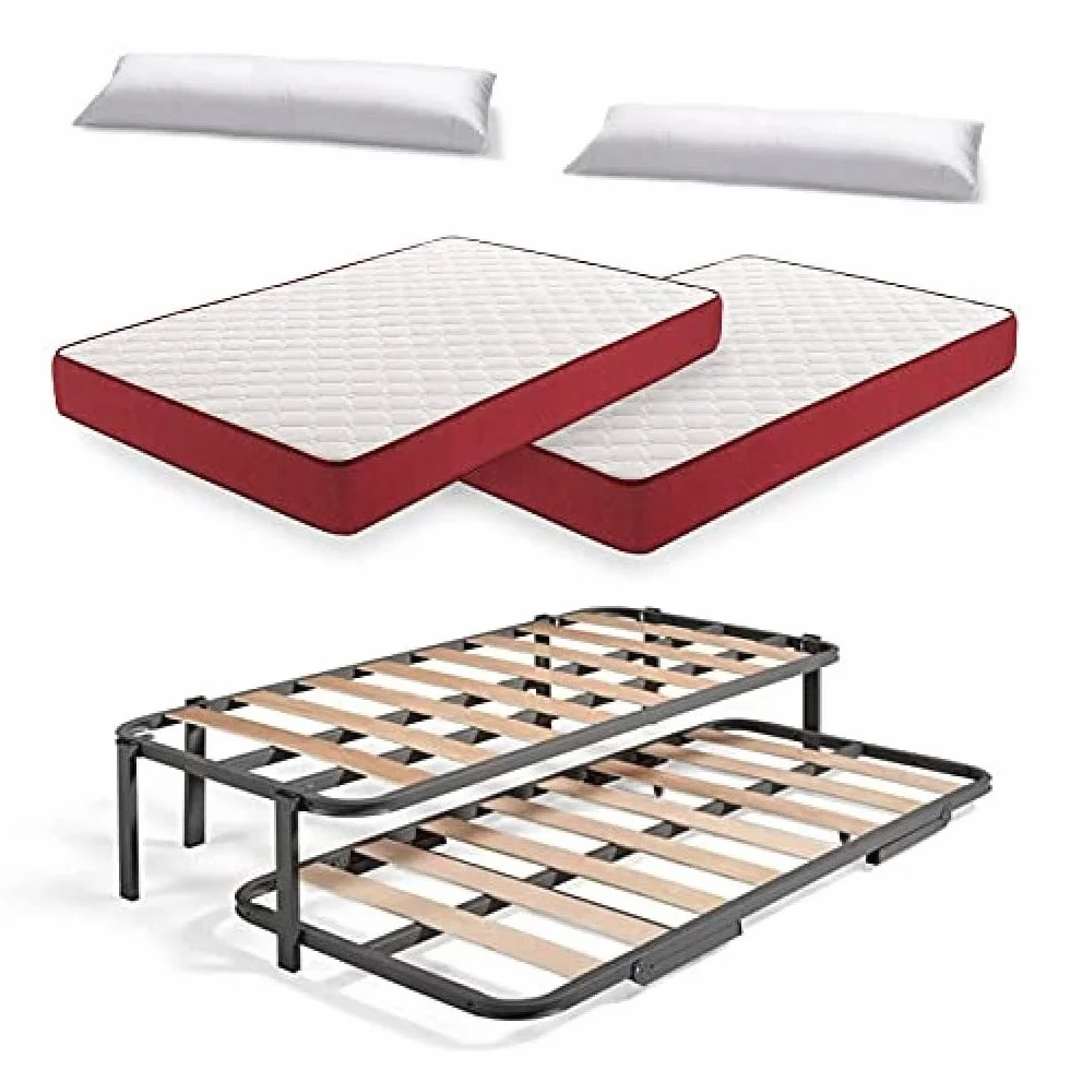 HOGAR24 ES Cama Nido Metálica Reforzada con 6 Patas + 2 Colchones Viscoelásticos Viscoplus 15 + 2 Almohadas de Fibra Tacto Pluma, 80x190 cm