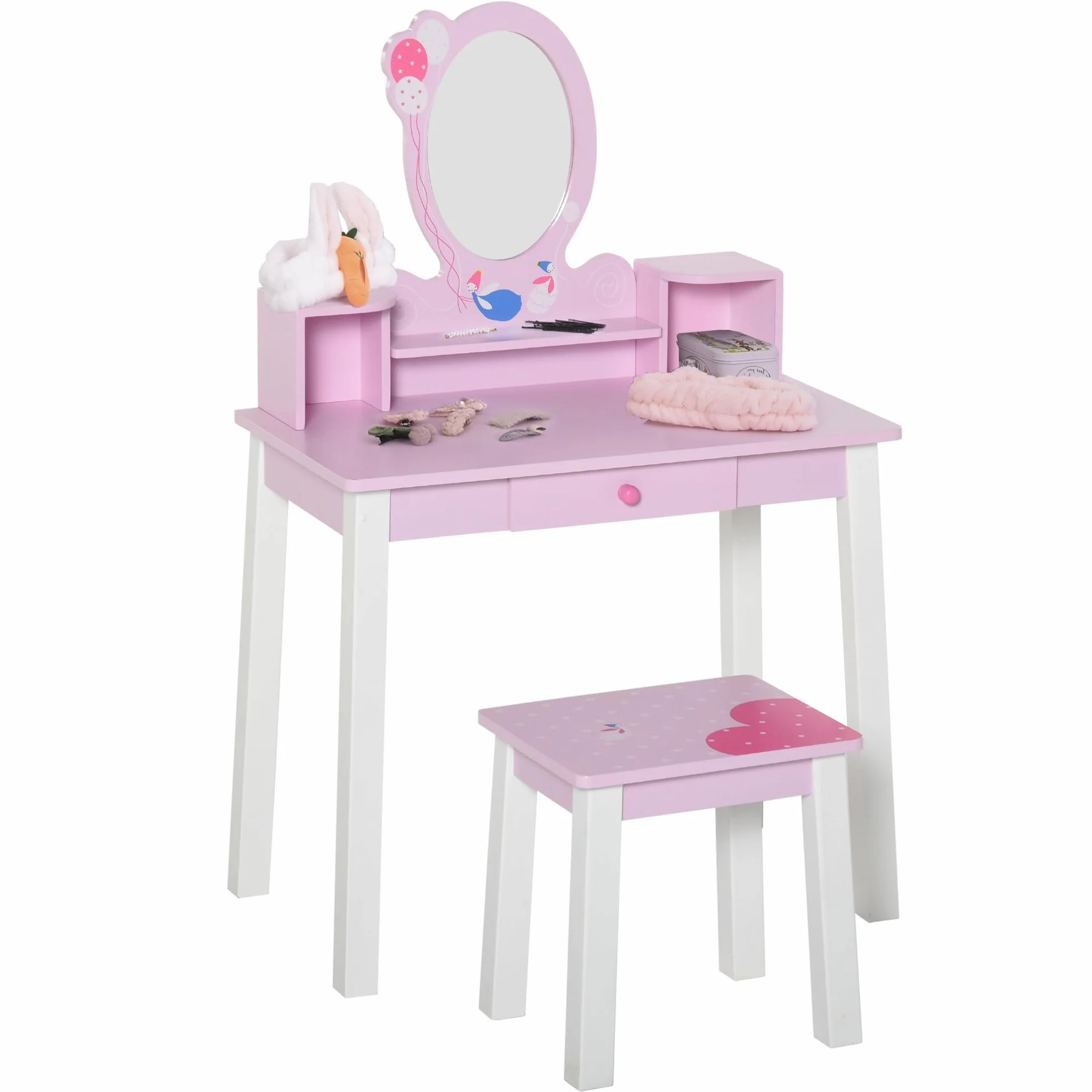 HOMCOM Tocador Infantil con Taburete y Espejo Tipo Princesa Mesa de Maquillaje Madera Rosa 60x34x93 cm