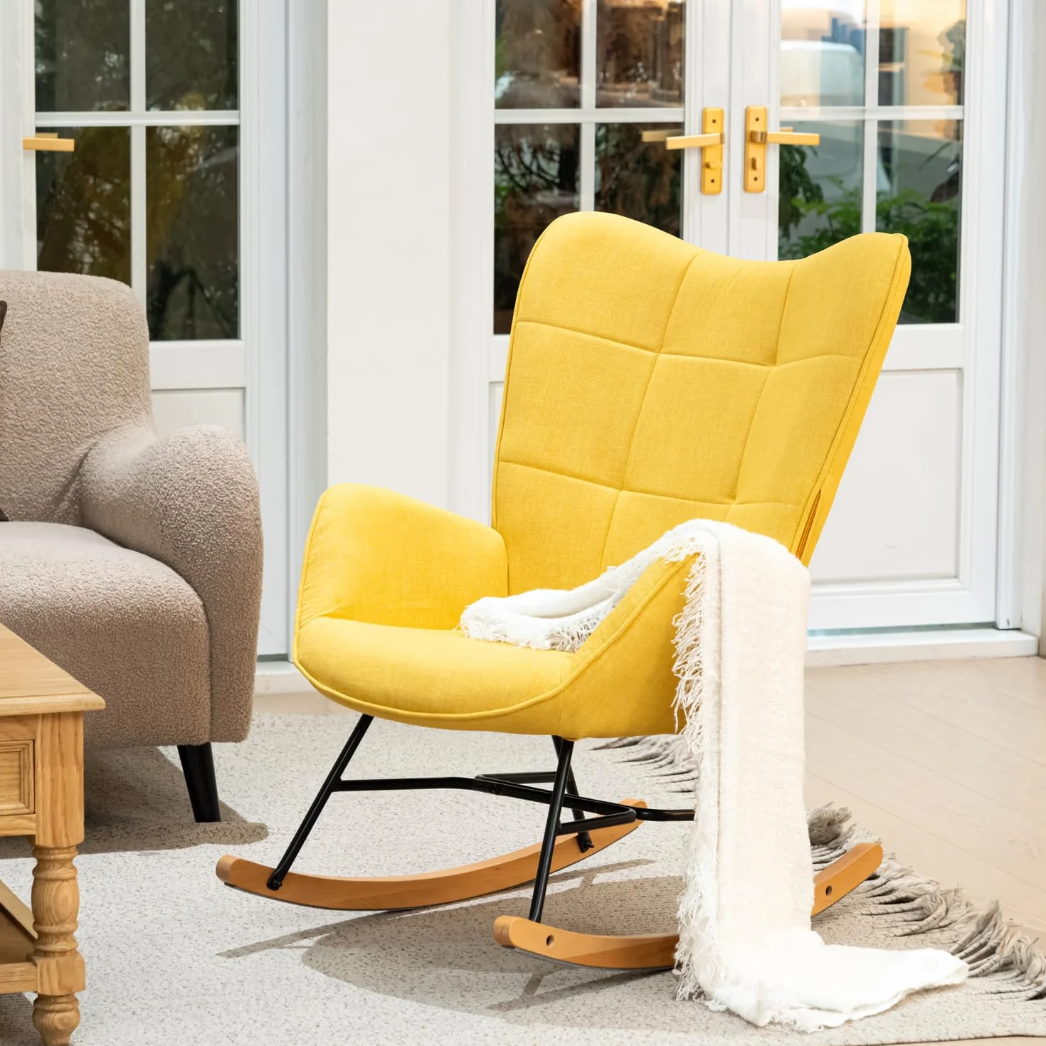 MEUBLE COSY Silla Mecedora Sillón de Relax Especial Lactancia Butaca Acolchada con reposabrazos, Respaldo Alto, de Tela con Patas de Madera Metal, para salón, Dormitorio, Amarillo