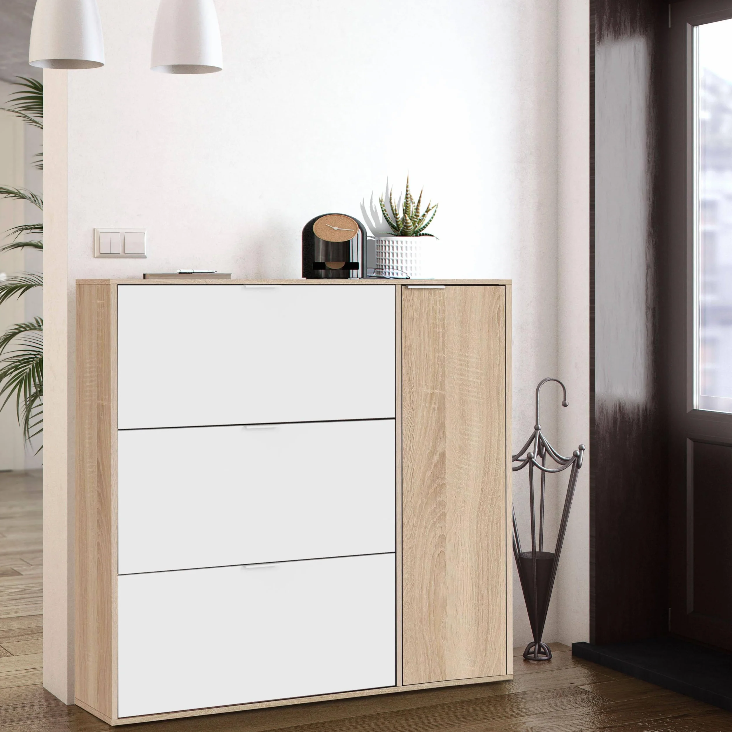 Habitdesign Mueble Zapatero 4 Puertas, Modelo Class, Acabado en Roble Canadian y Blanco Artik, Medidas: 106 cm (Ancho) x 115 cm (Alto) x 22 cm (Fondo)