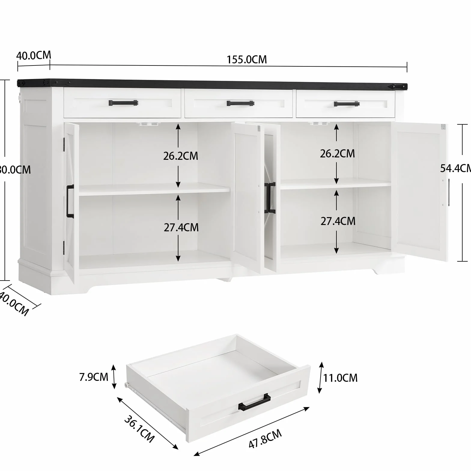 TEENFON 155 cm Aparadores para Salon con 3 Cajones, Aparador Cocina con Estantes Ajustables, Armario Cocin con Encimera para Pasillo Comedor- 155 x 40 x 80 cm - Blanco