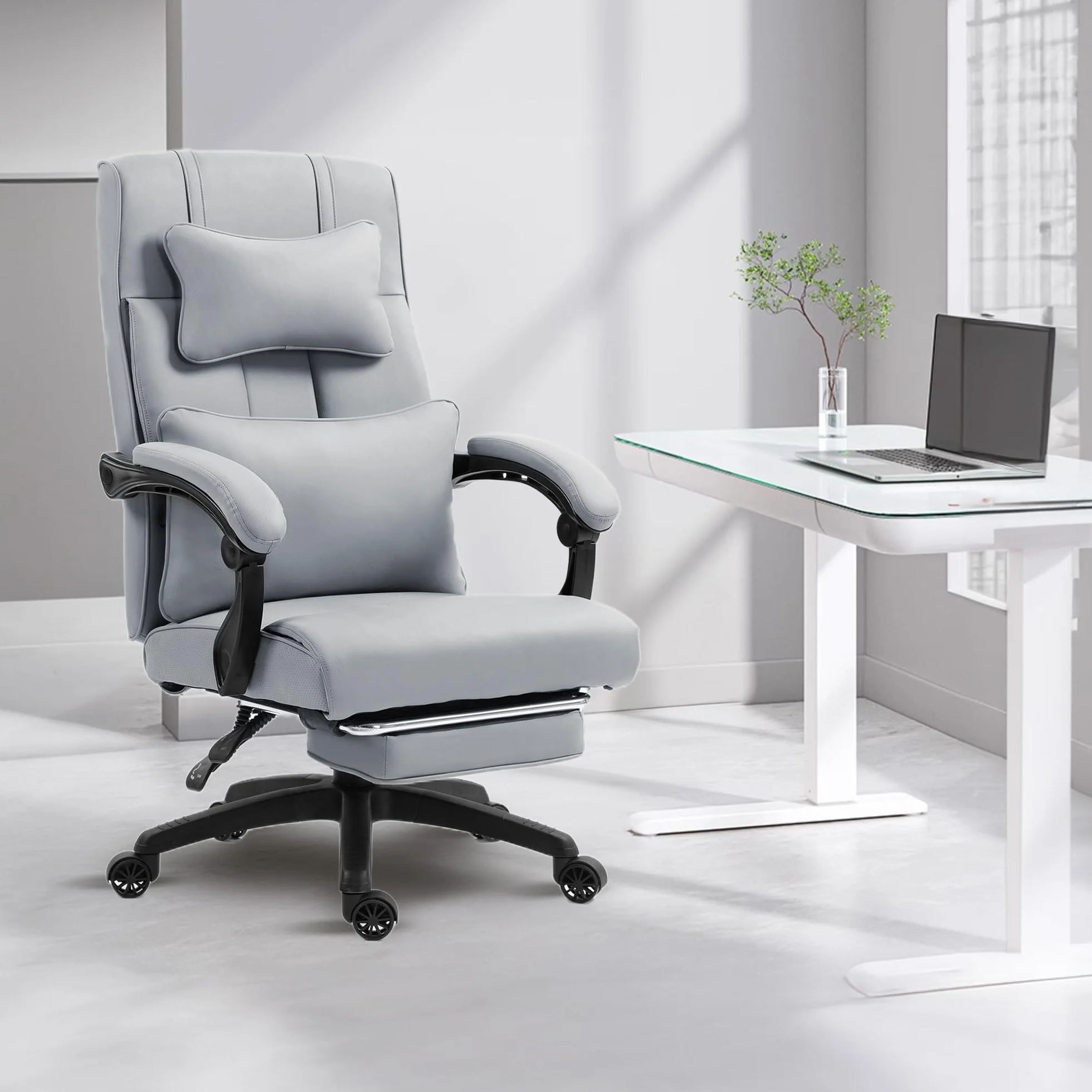 Dowinx Silla de oficina ergonómica con reposapiés, vértebras lumbares ajustables y reposacabezas, silla de oficina ergonómica, silla giratoria para ordenador con respaldo alto, 150 kg (gris)