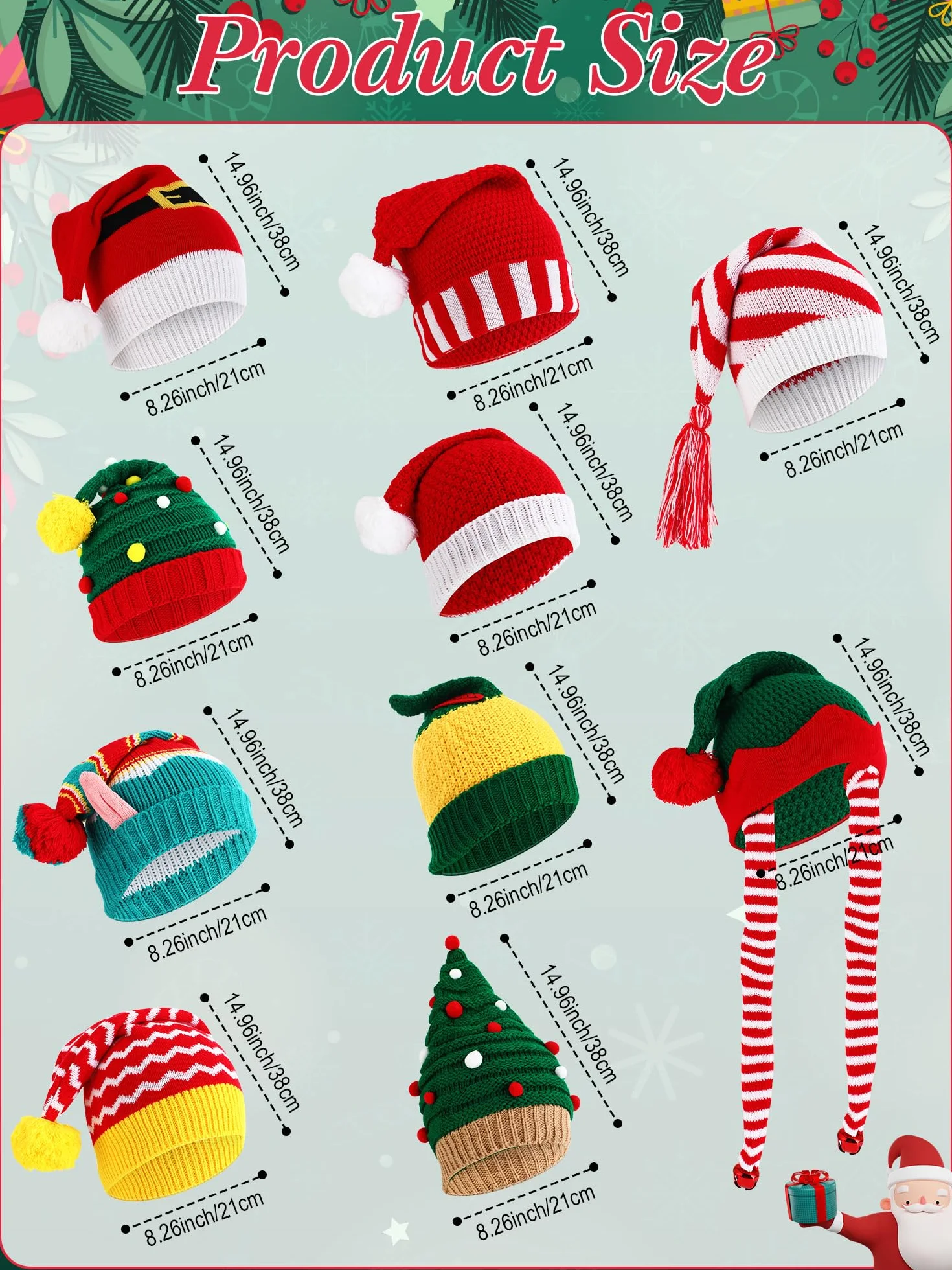 Liitrsh - Sombreros de Papá Noel unisex de punto de ganchillo (10 unidades), diseño de pompones, gorro de Navidad con pompones, sombrero de elfo divertido para mujer y hombre, para fiesta de Navidad