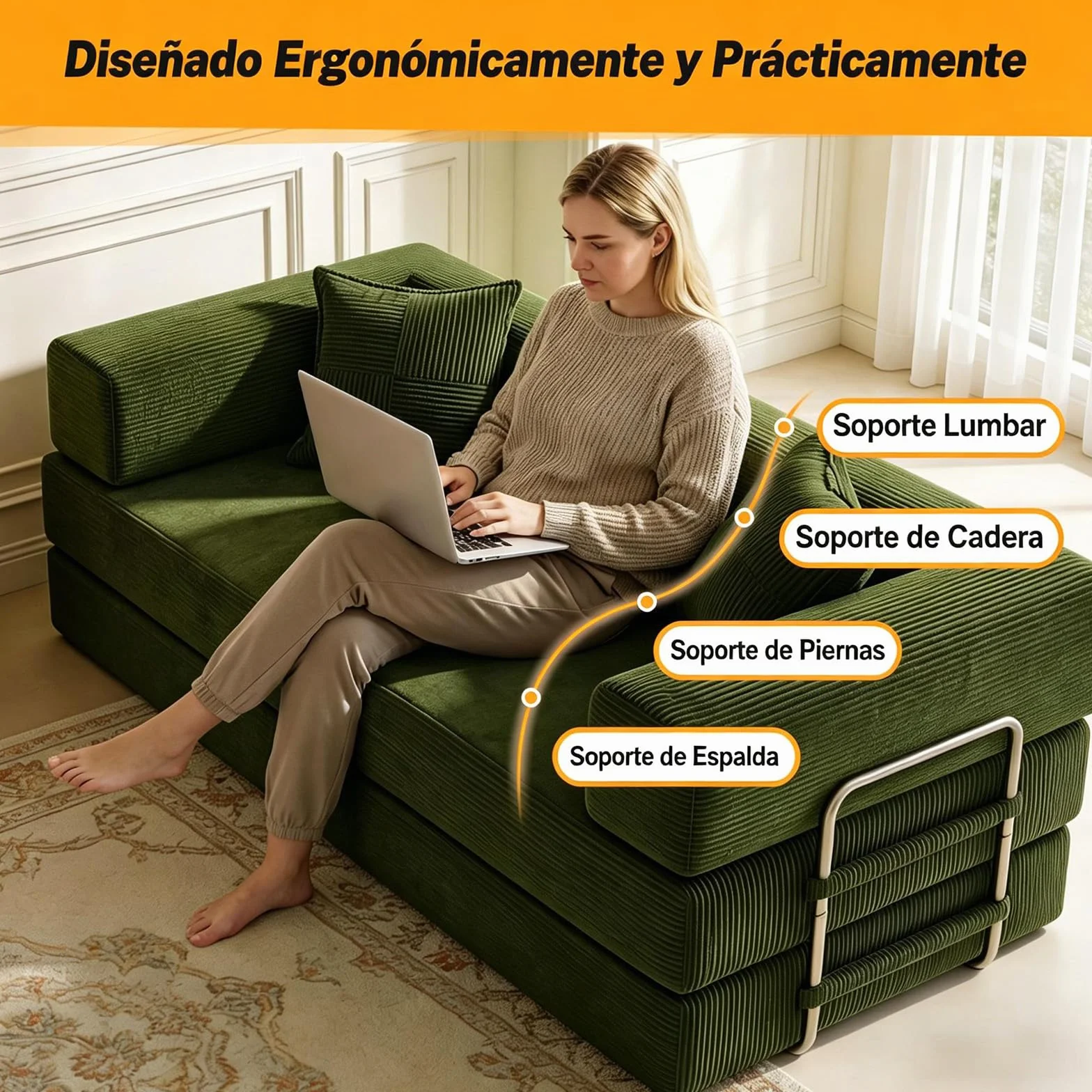 Vipbear 200cm Sofá Cama, Modular Desmontable Plegable 5 en 1,Confeccionado en Pana, Sofá Cama 3 Plazas Ideal para Espacios Reducidos, Verde | Convertible