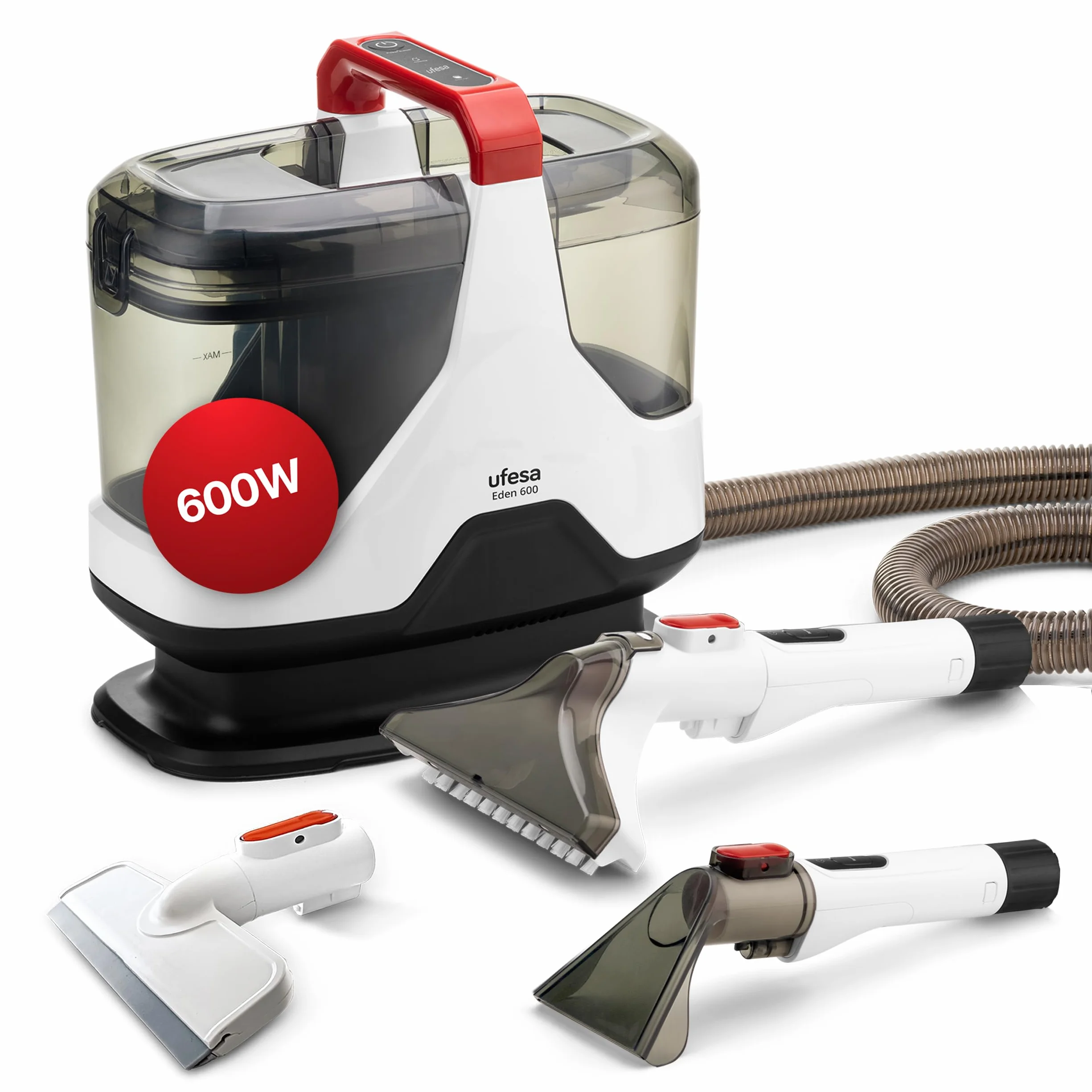 Ufesa Eden 600 Aspiradora de Tapicerías con Agua 600W, Doble Depósito, Succión de Líquidos y Sólidos, Cepillo Multifunción, Accesorio Limpiacristales, Ideal para Alfombras, Sofás, Coche y Cristales