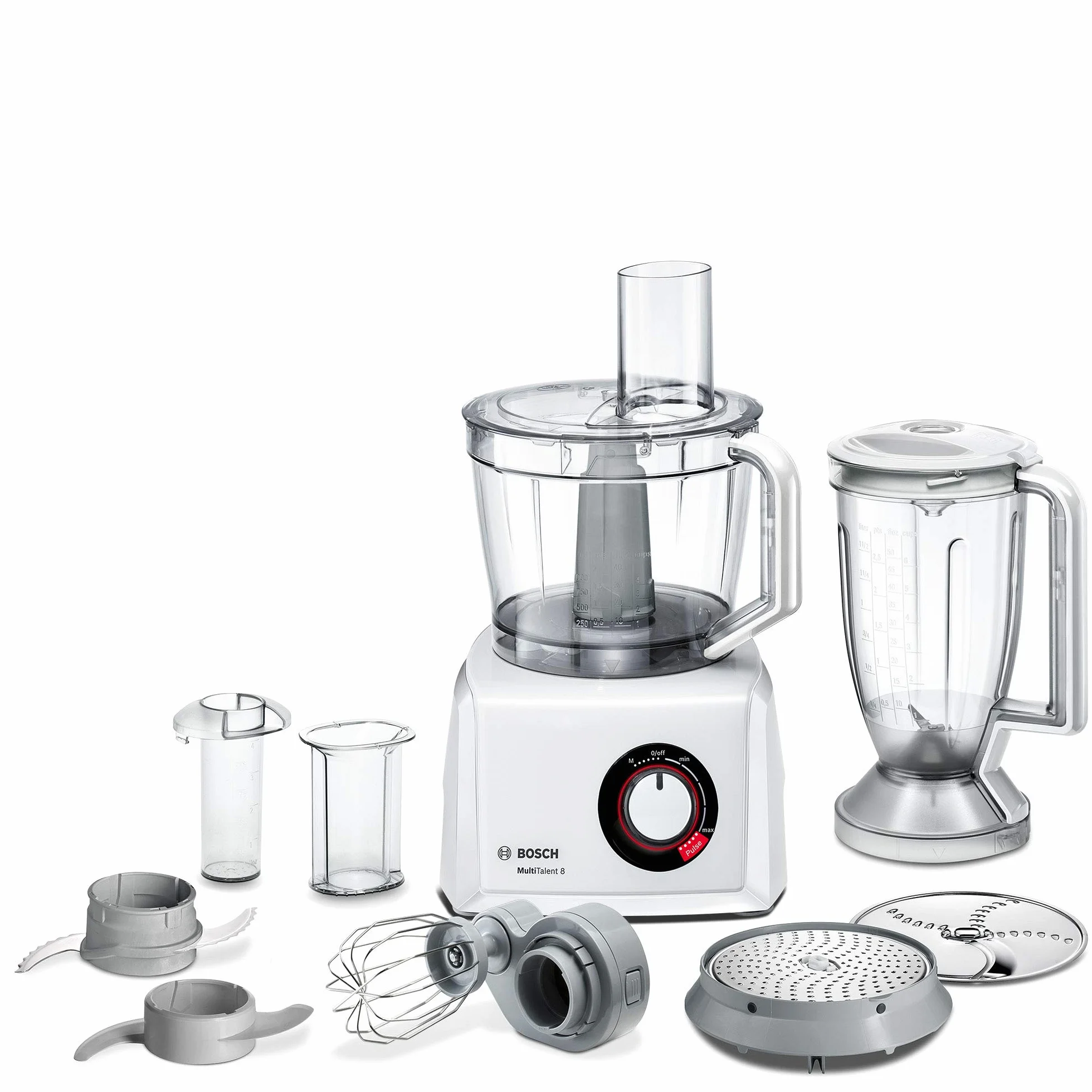 Bosch MultiTalent 8 MC812W501 - Robot de cocina compacto (3,9 L, batidora de 1,5 L, cuchillo universal, disco para rallar, disco reversible, disco para tortitas, 1000 W), color blanco