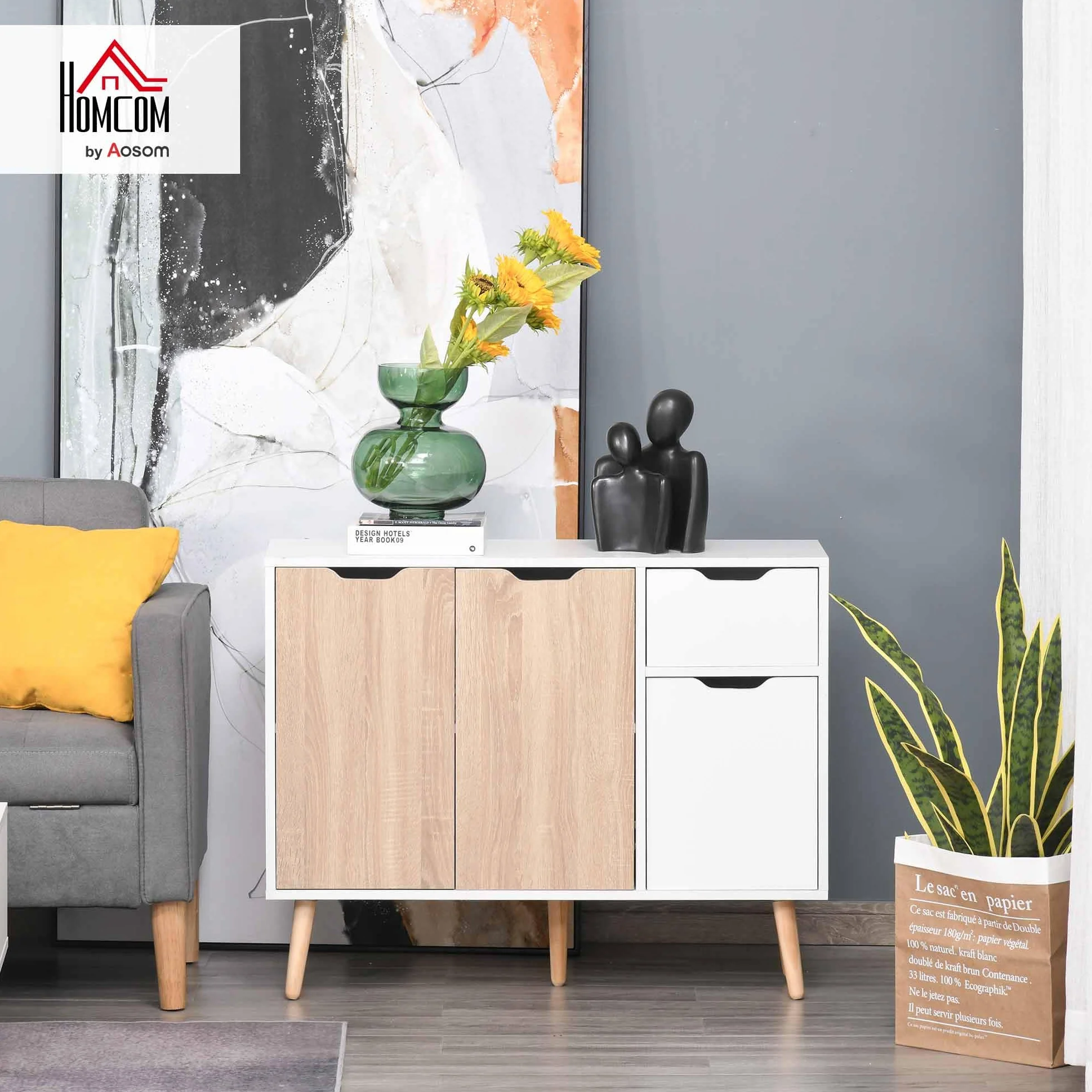 HOMCOM Aparador Moderno 90x30x72 cm Blanco y Natural con 3 Puertas y Cajón