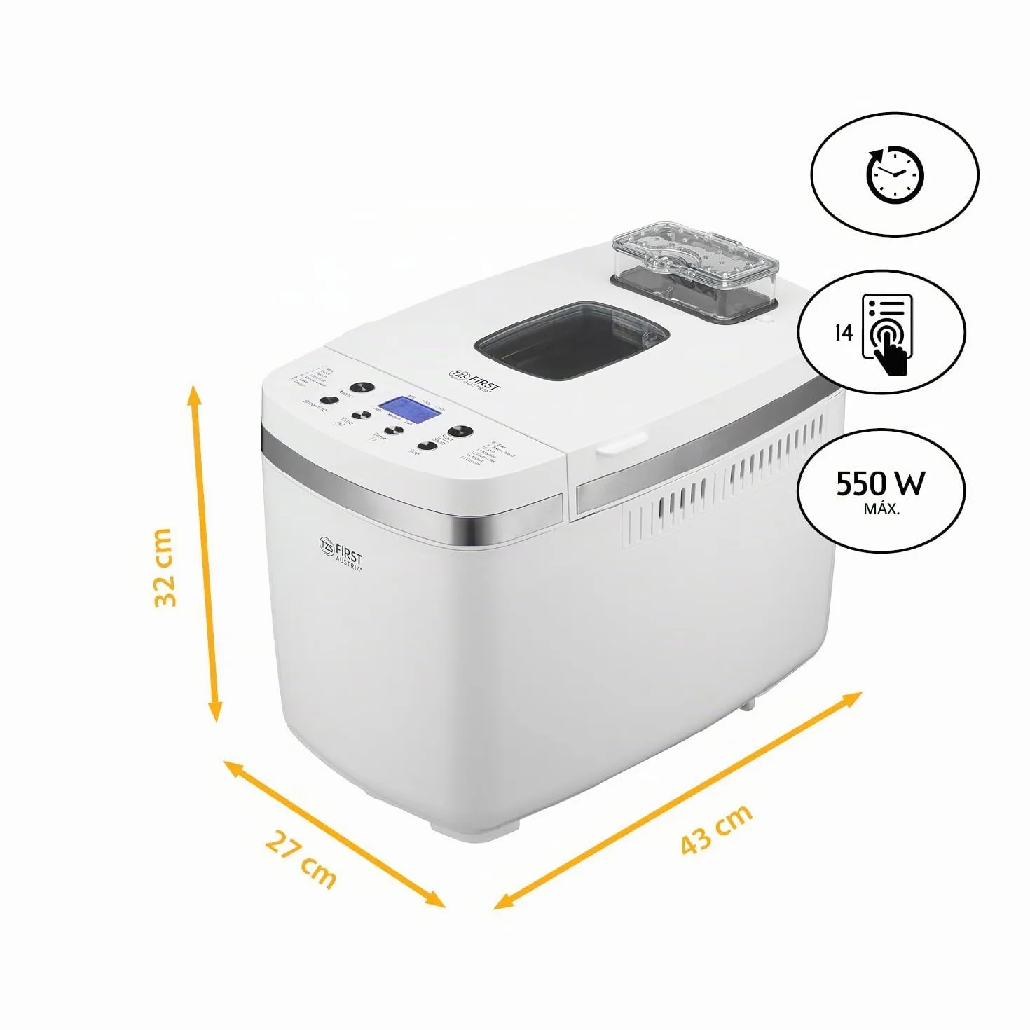 TZS First Austria - Panificadora 850W - Para panes de 900g y 1350g - 14 Programas automáticos - Tostado ajustable, Temporizador y Función mantener caliente