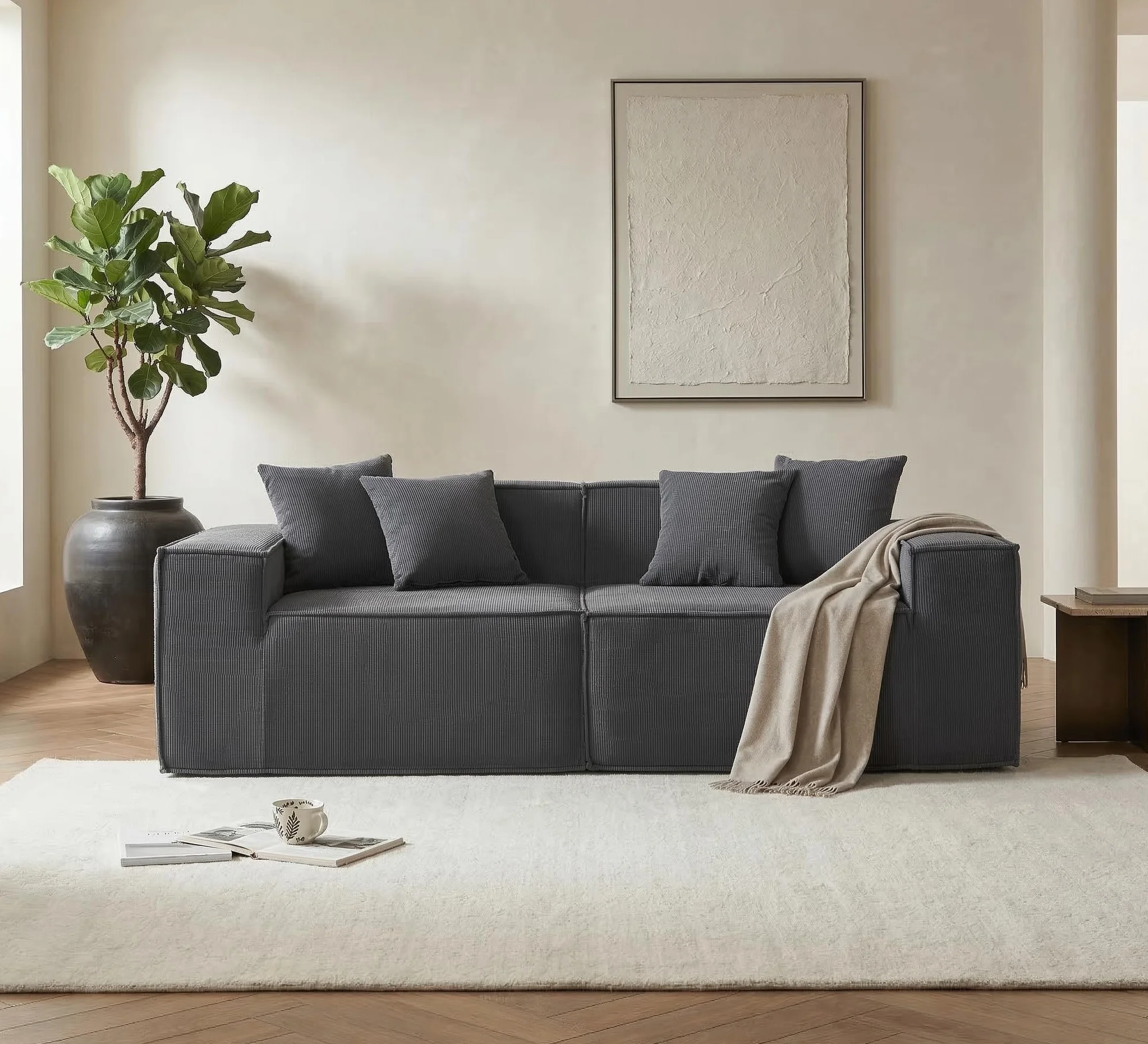 Sofá Cube Modular Espuma Comprimida al vacío envío en Caja Sin Montaje (Pana Gris, Sofá 2 Piezas)