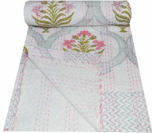YUVANCRAFTS Colcha de algodón con estampado de bloques indios, tamaño Queen, Kantha, colcha Kantha, colcha de algodón, colcha bohemia Kantha (blanco, tamaño individual de 90 x 60 pulgadas)