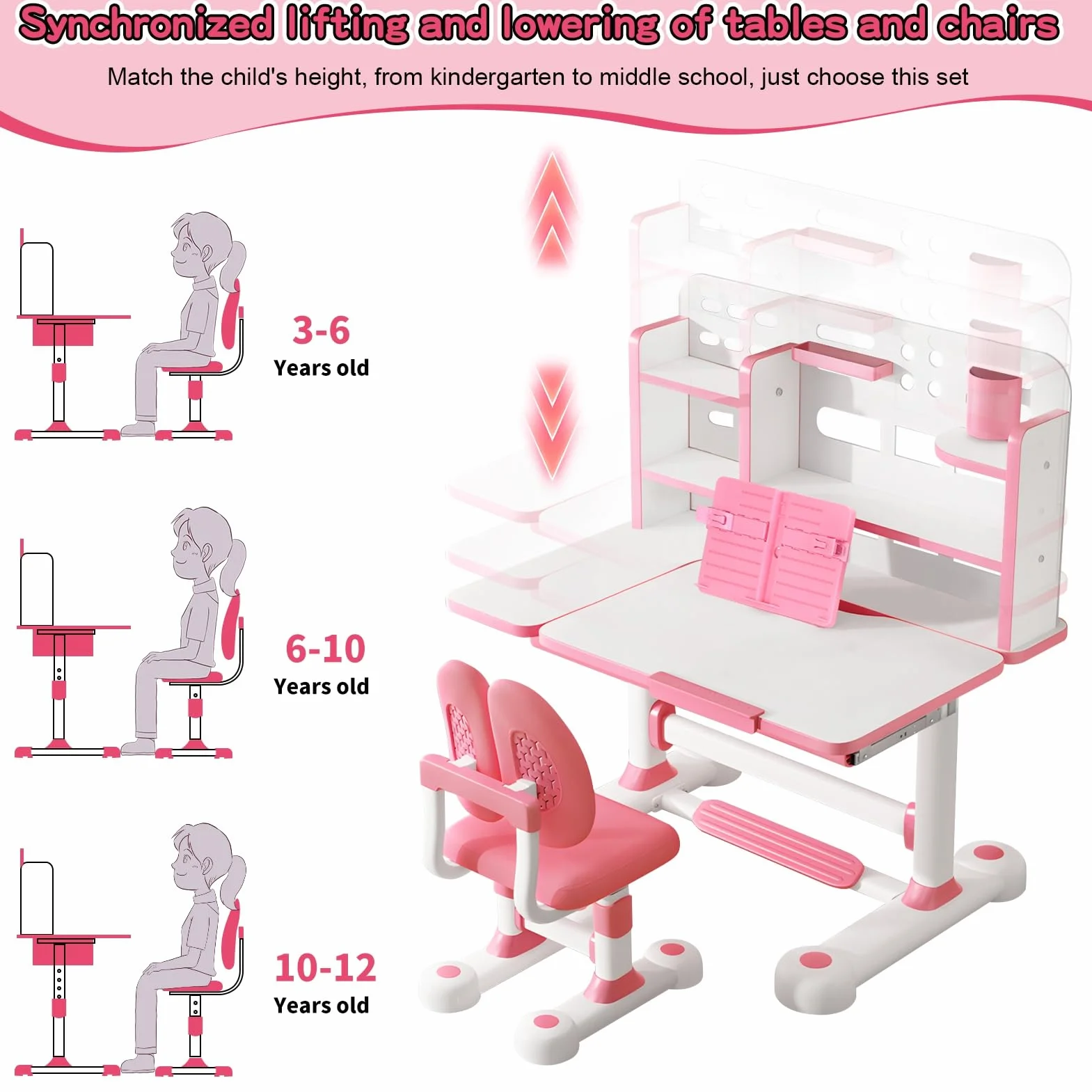 Juego de escritorio y silla de estudio para niños, altura ajustable, silla de mesa de estudio para niños, escritorio escolar con mesa ampliada inclinable, cajones de almacenamiento grandes, estantería
