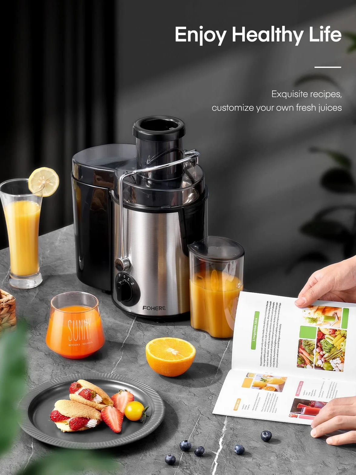 FOHERE Licuadora Extractor de Zumos 400 W 3 Velocidades Cepillo Incluido