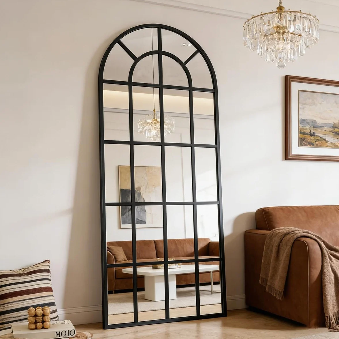M&Catree Espejo de Cuerpo Entero Arqueado Espejos de Pared Grande Decoración para Recibidor Tipo Ventana con Marco - Negro, 165x60cm | 65" L x 24" W