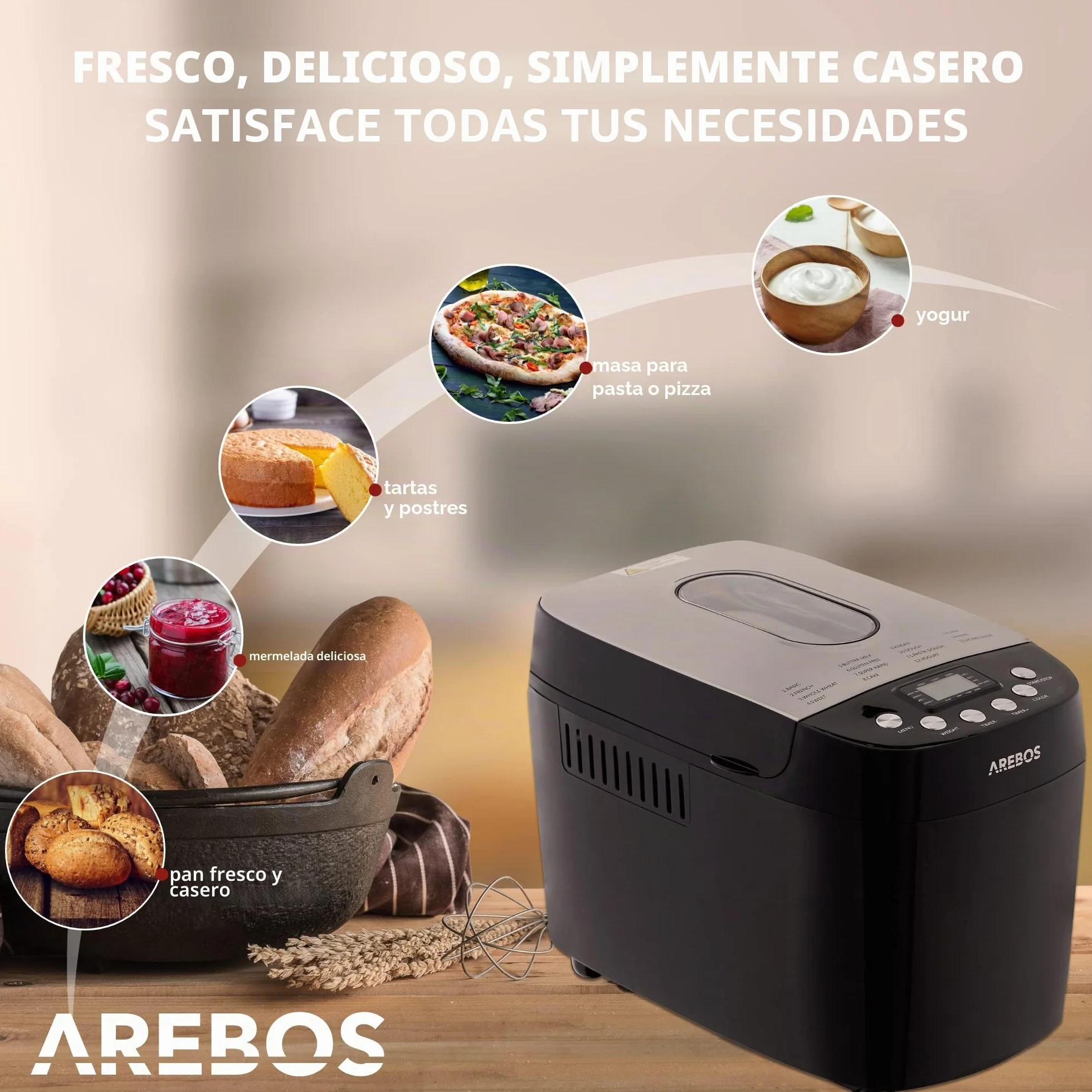 Arebos Panificadora 1500 g | con 15 programas | 2 ganchos para amasar | temporizador | pantalla LCD | 3 niveles de tostado y tamaños de pan | 850 W | Negro