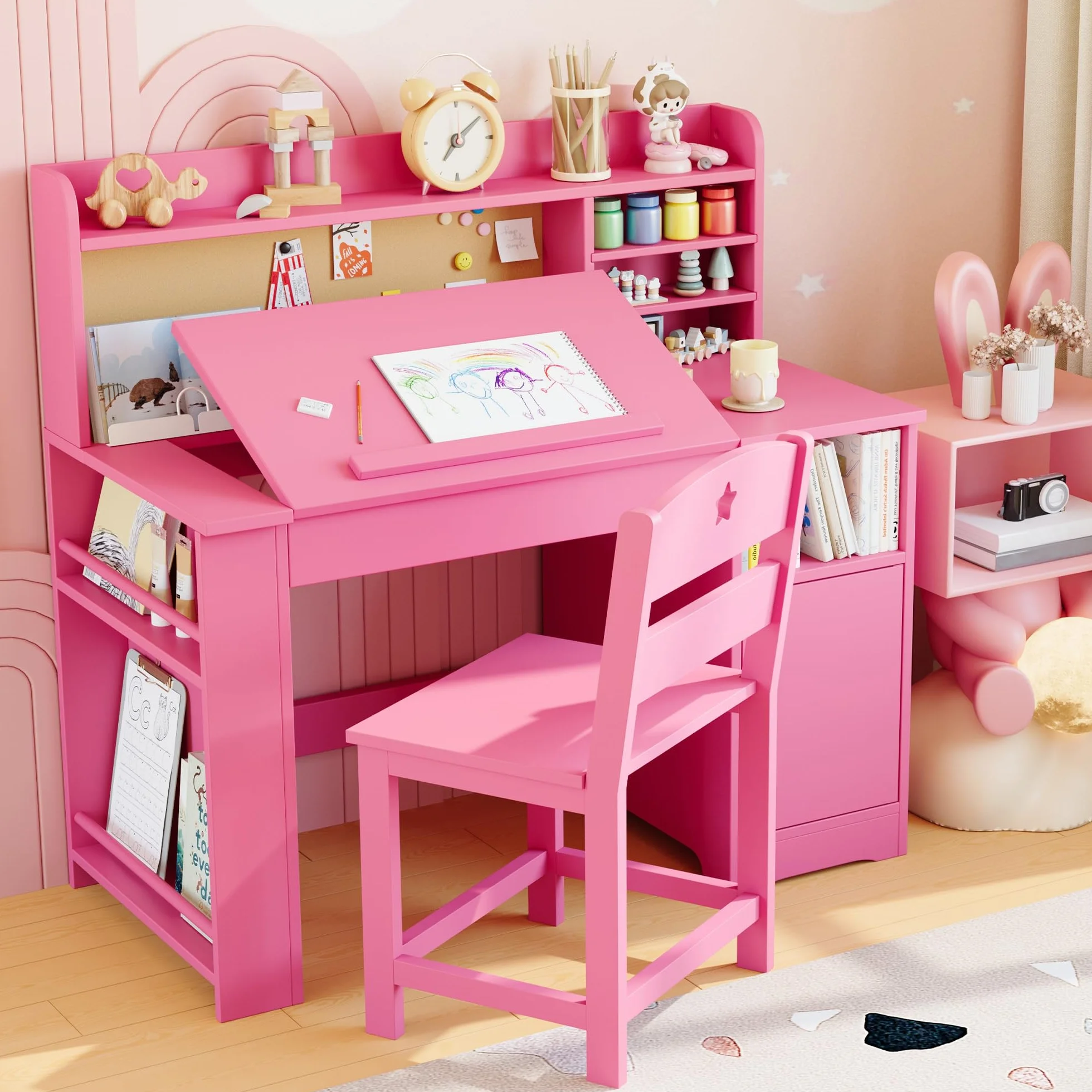 Escritorio Infantil 2 en 1 con Soporte Elevador 0-40°, Mesa y Silla de Madera con Estante y Almacenamiento